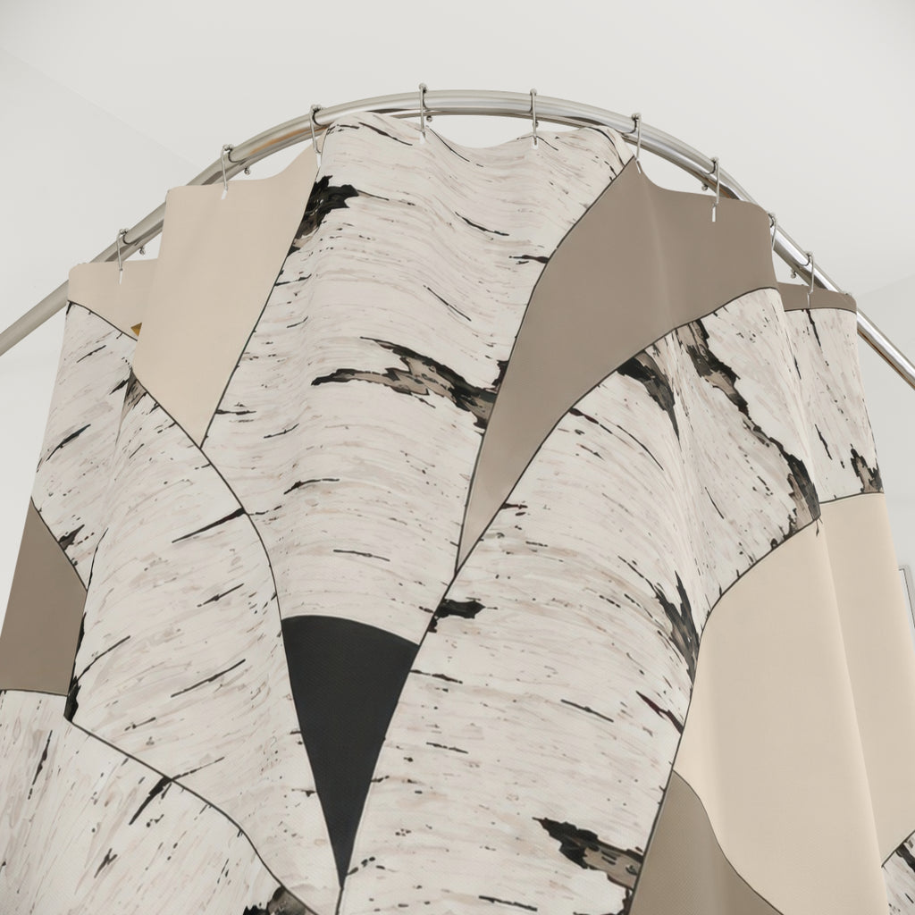 White birch bark arches in ivory and taupe shower curtain with close-up print, hooks, and folds