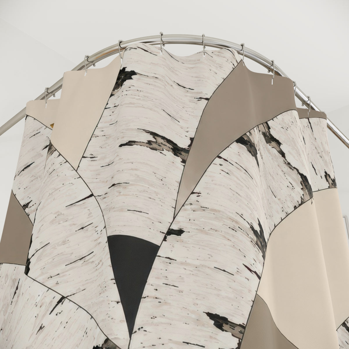 White birch bark arches in ivory and taupe shower curtain with close-up print, hooks, and folds