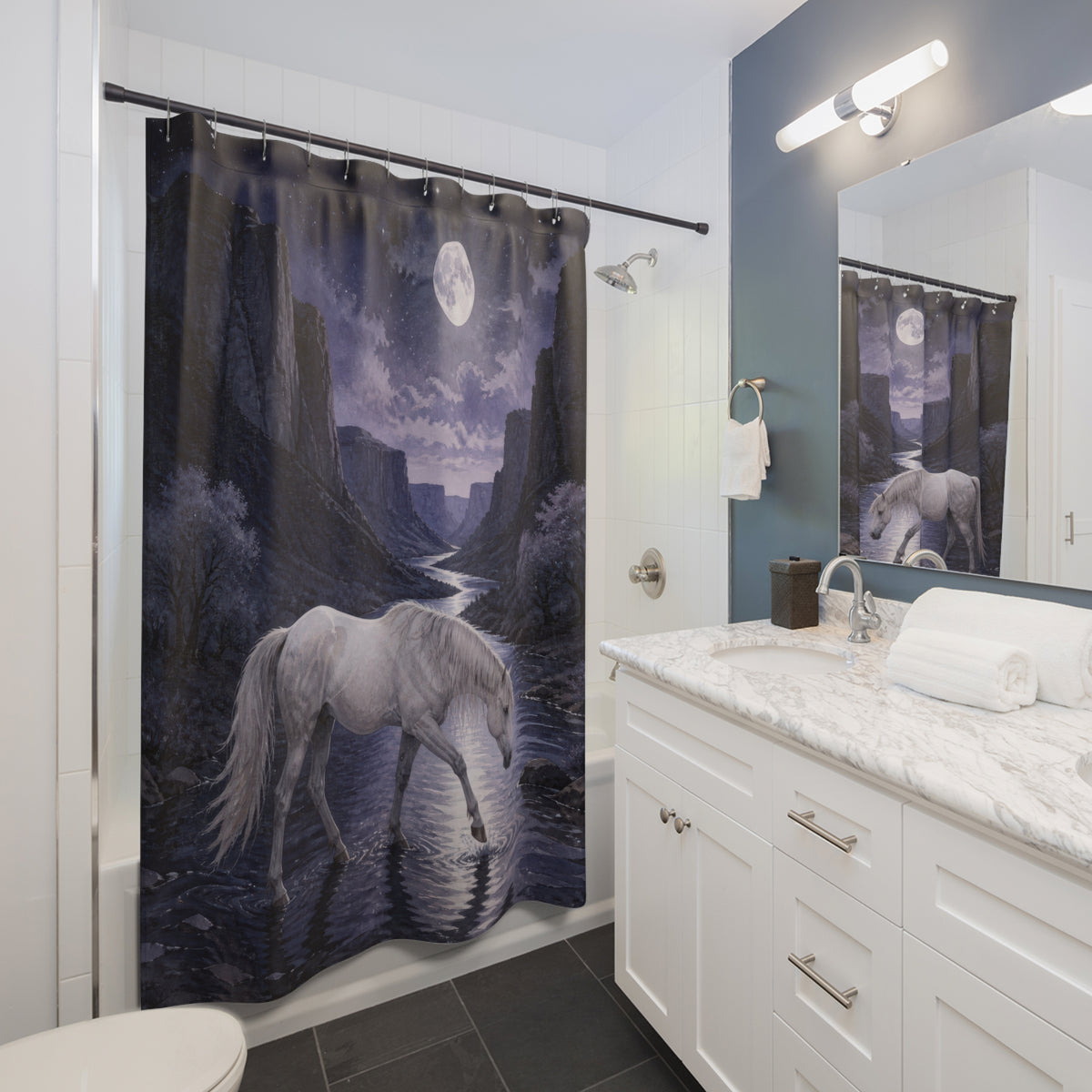Pale wild mare crossing a moonlit canyon river shower curtain beside a white vanity