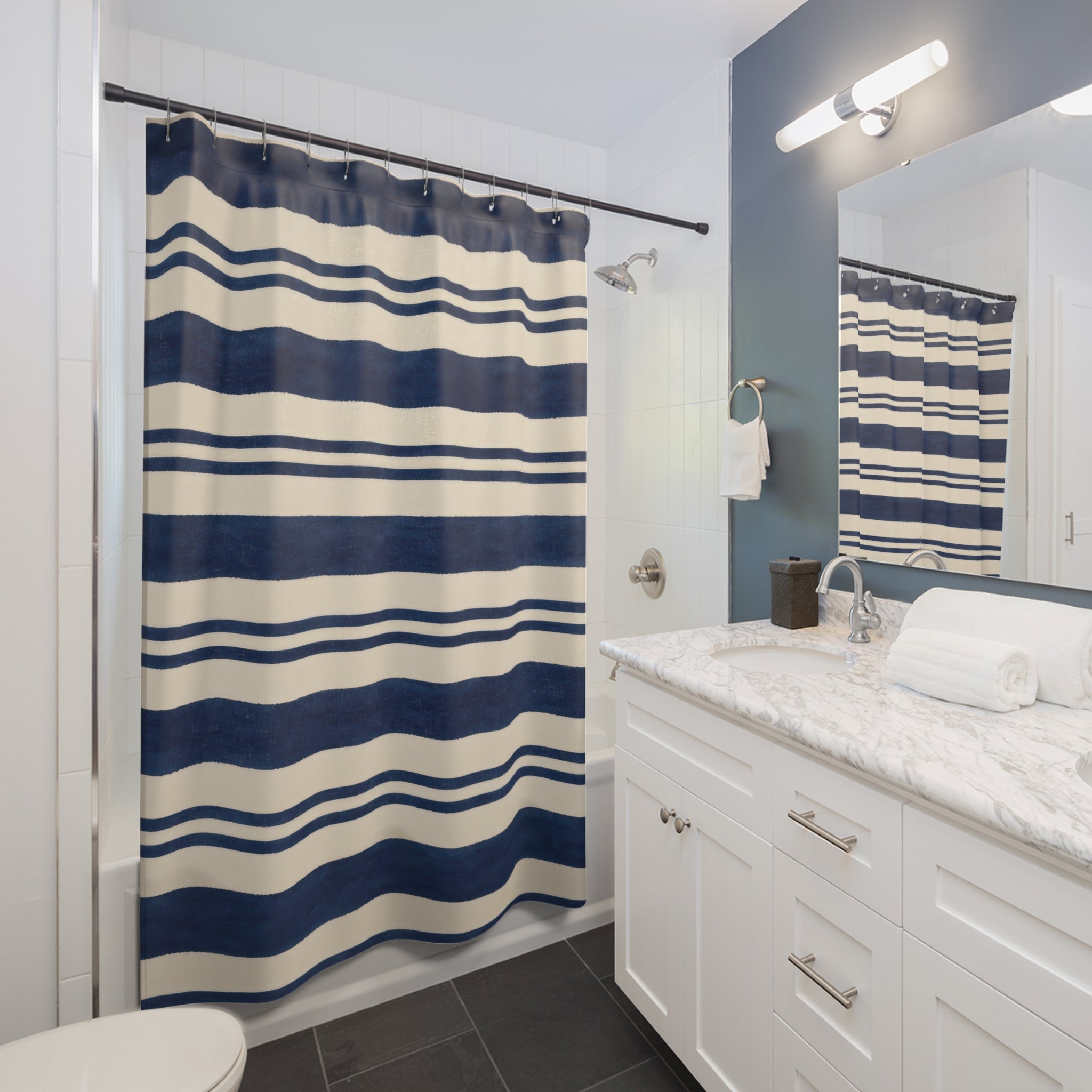 Navy Blue Cream Horizontal Stripe Shower Curtain