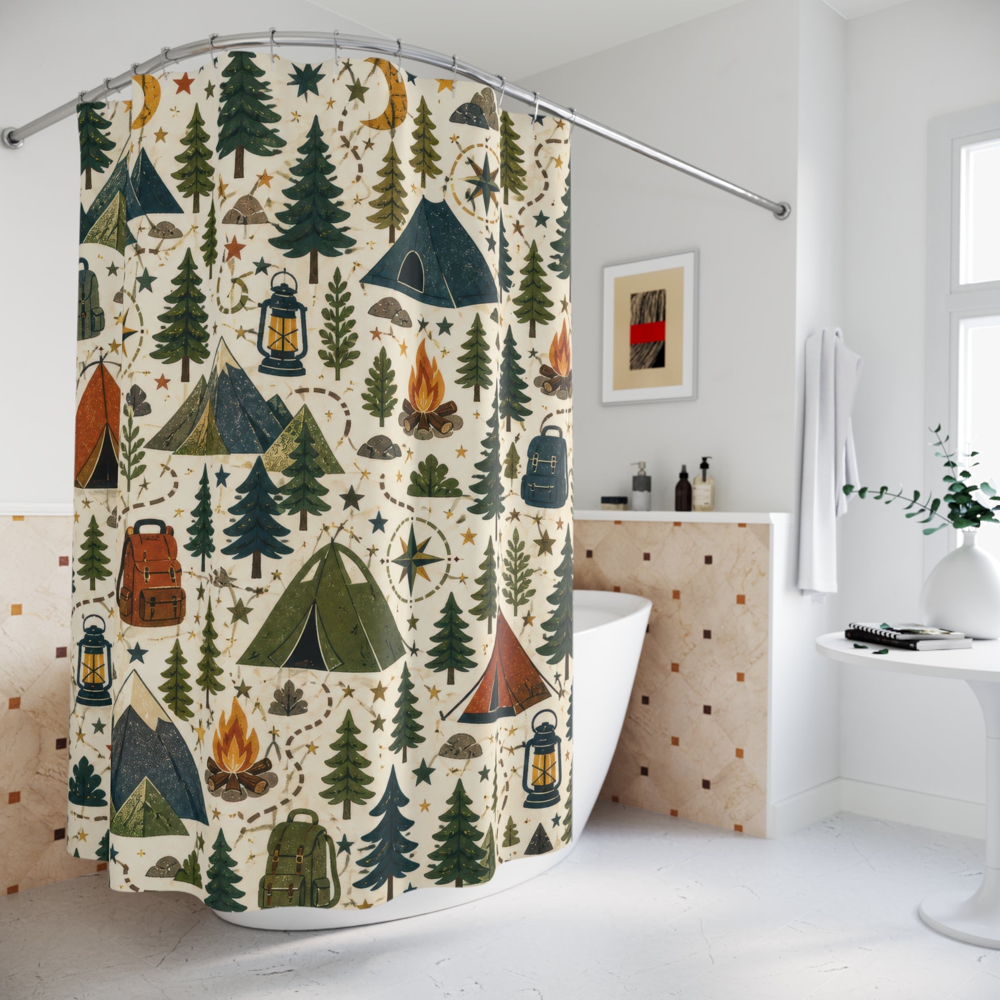 Camping Shower Curtain, Mountain Cabin Kids Bathroom Decor, Tent and Pine Tree Bath Curtain, Outdoorsy Boys Bathroom Art, Cabin Bath Decor