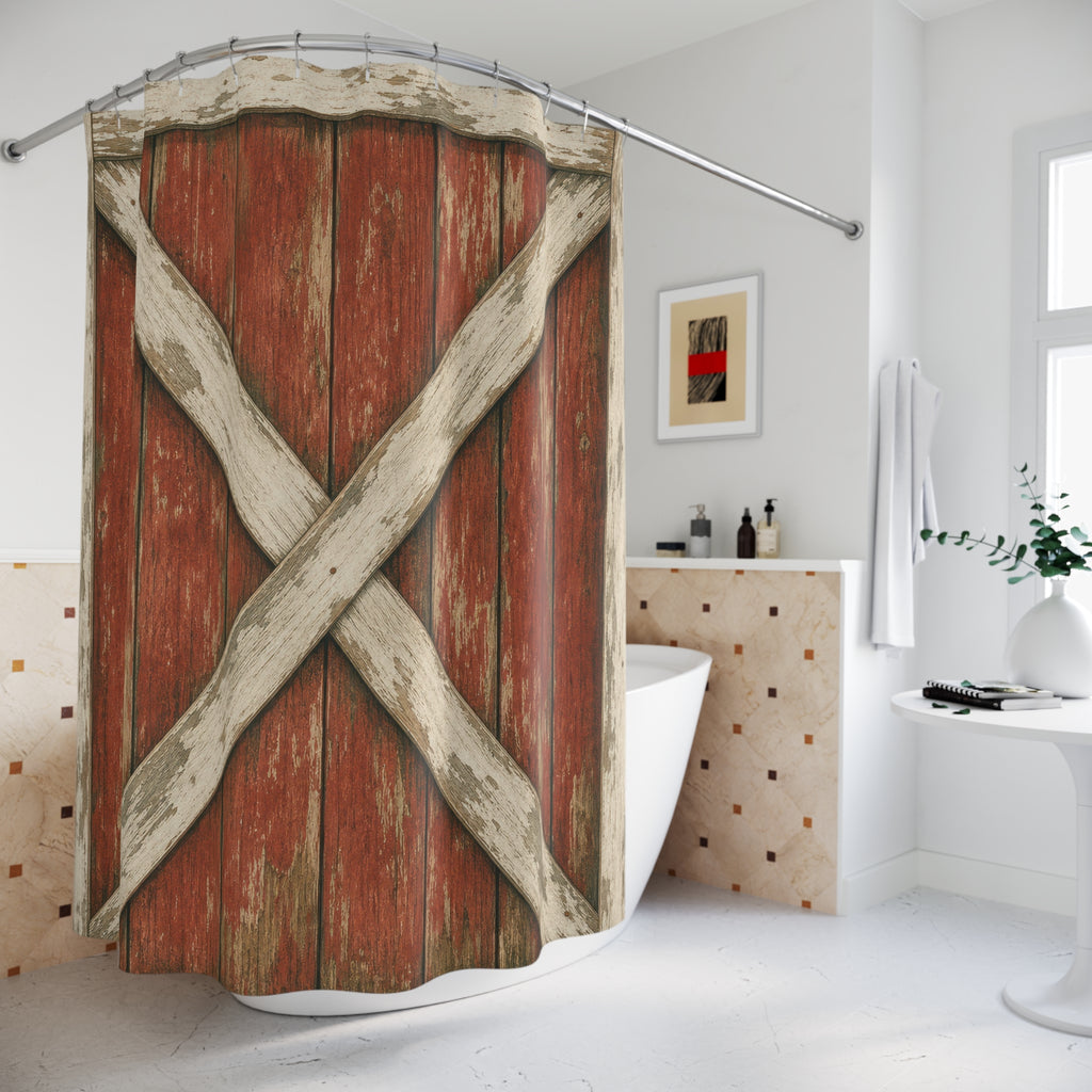 Barn Shower Curtain, Red Weathered Door Pattern, Rustic Farmhouse Bathroom Decor, Country Guest Bath Wood Lodge Style Art