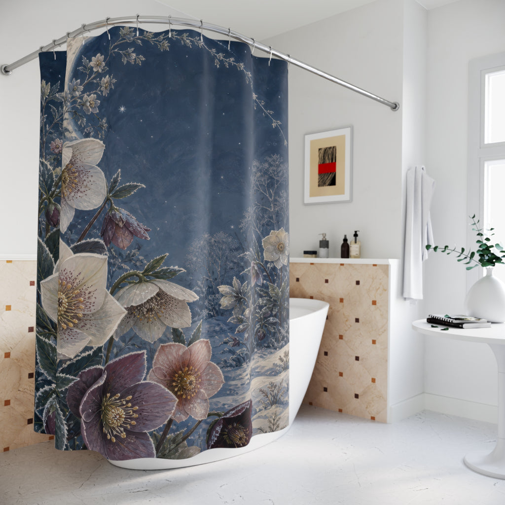 Moonlit winter hellebores in a snowy blue garden shower curtain beside a freestanding tub