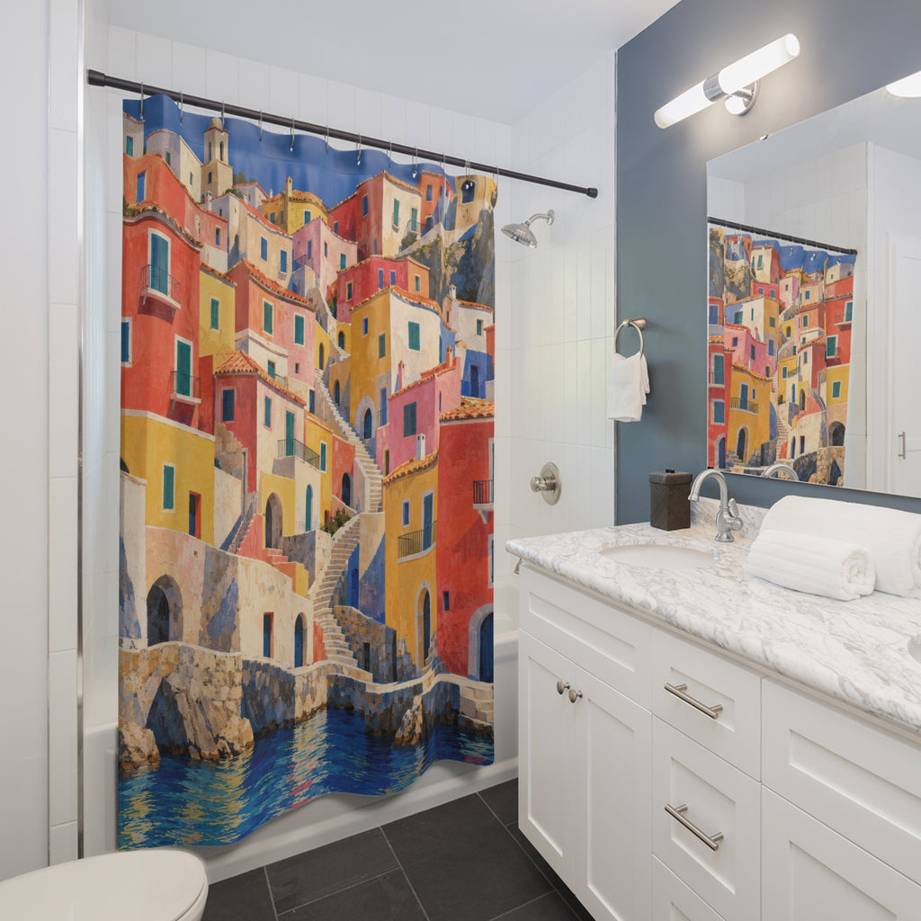 Coral and yellow hillside houses above a blue harbor shower curtain beside a white vanity