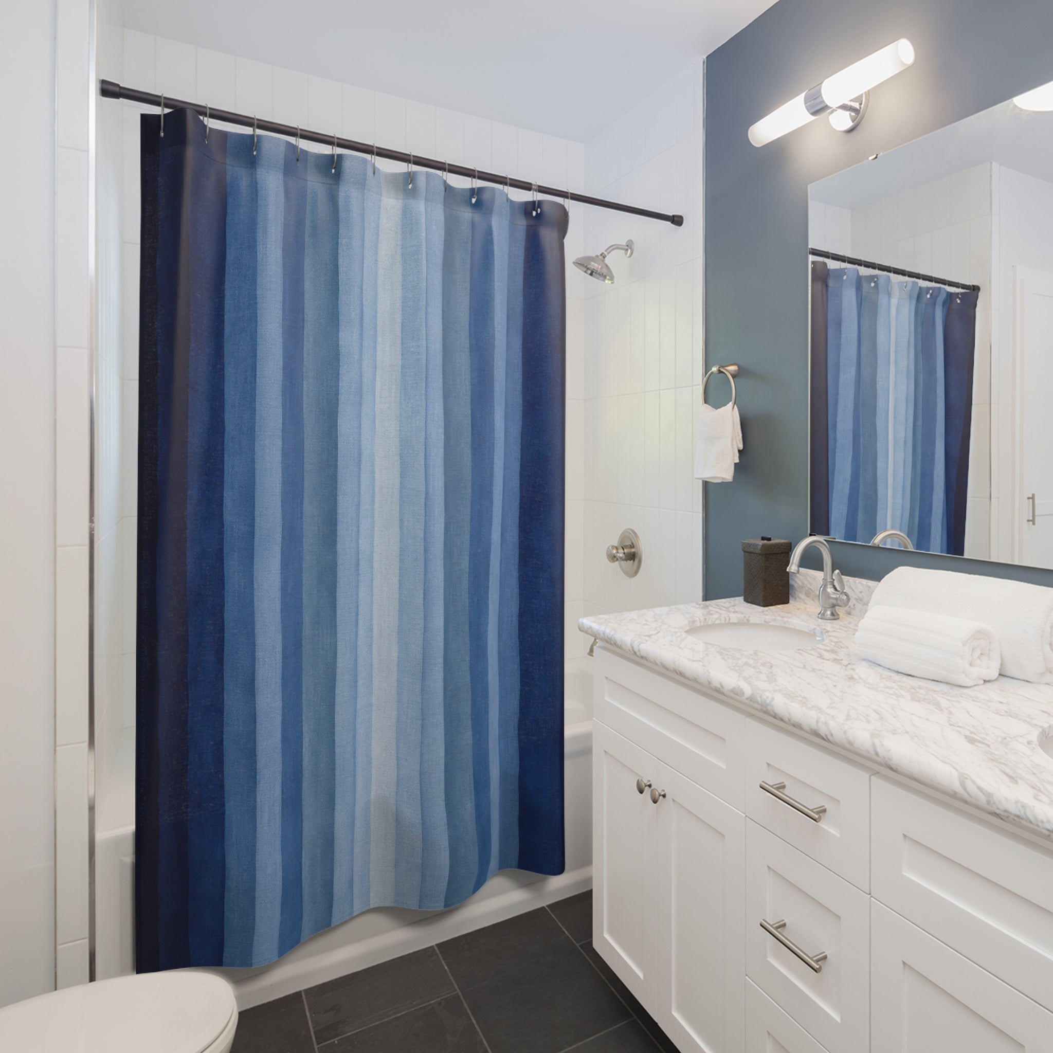 Navy Pale Blue Soft Vertical Stripe Shower Curtain