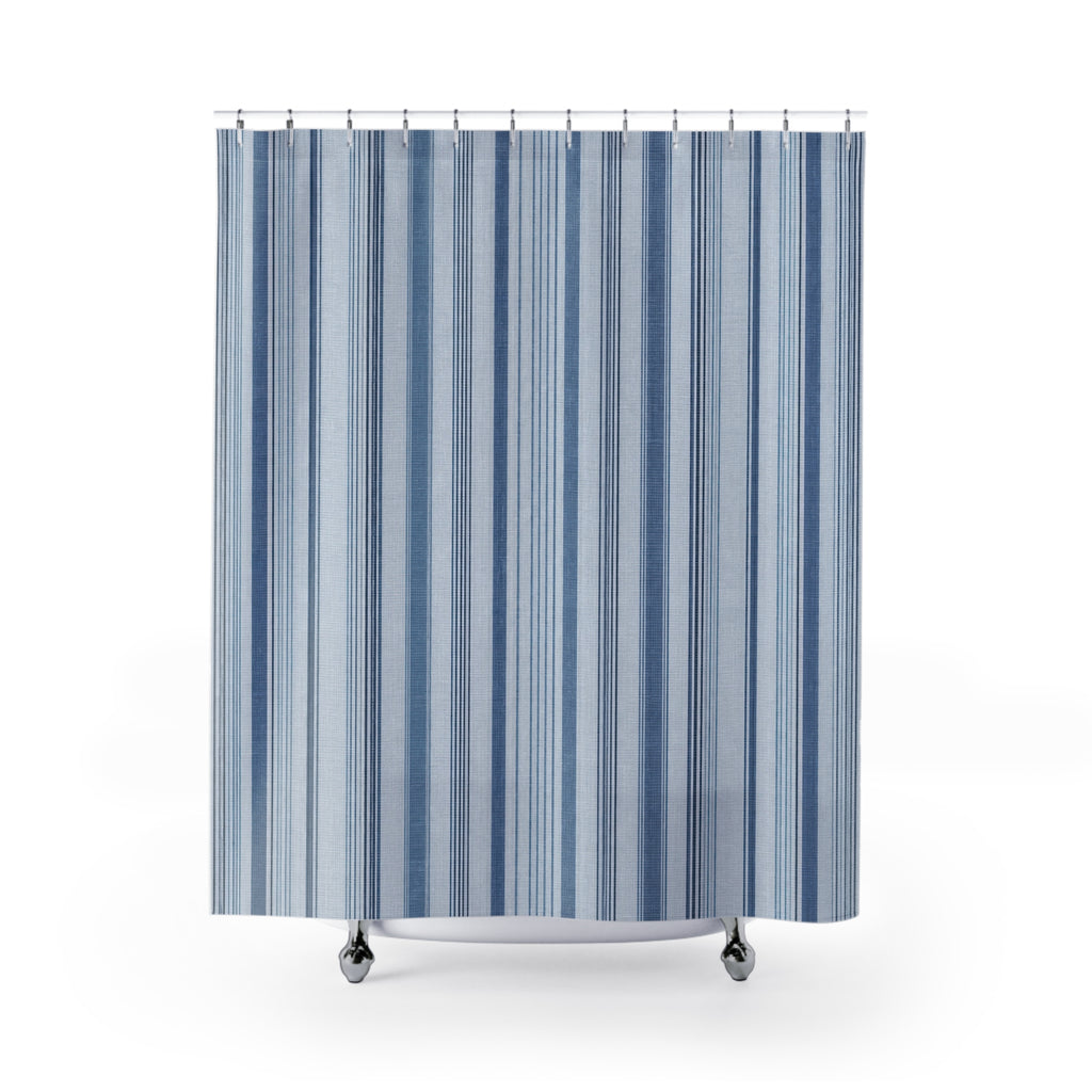 Navy Pale Blue Fine Vertical Stripes Shower Curtain