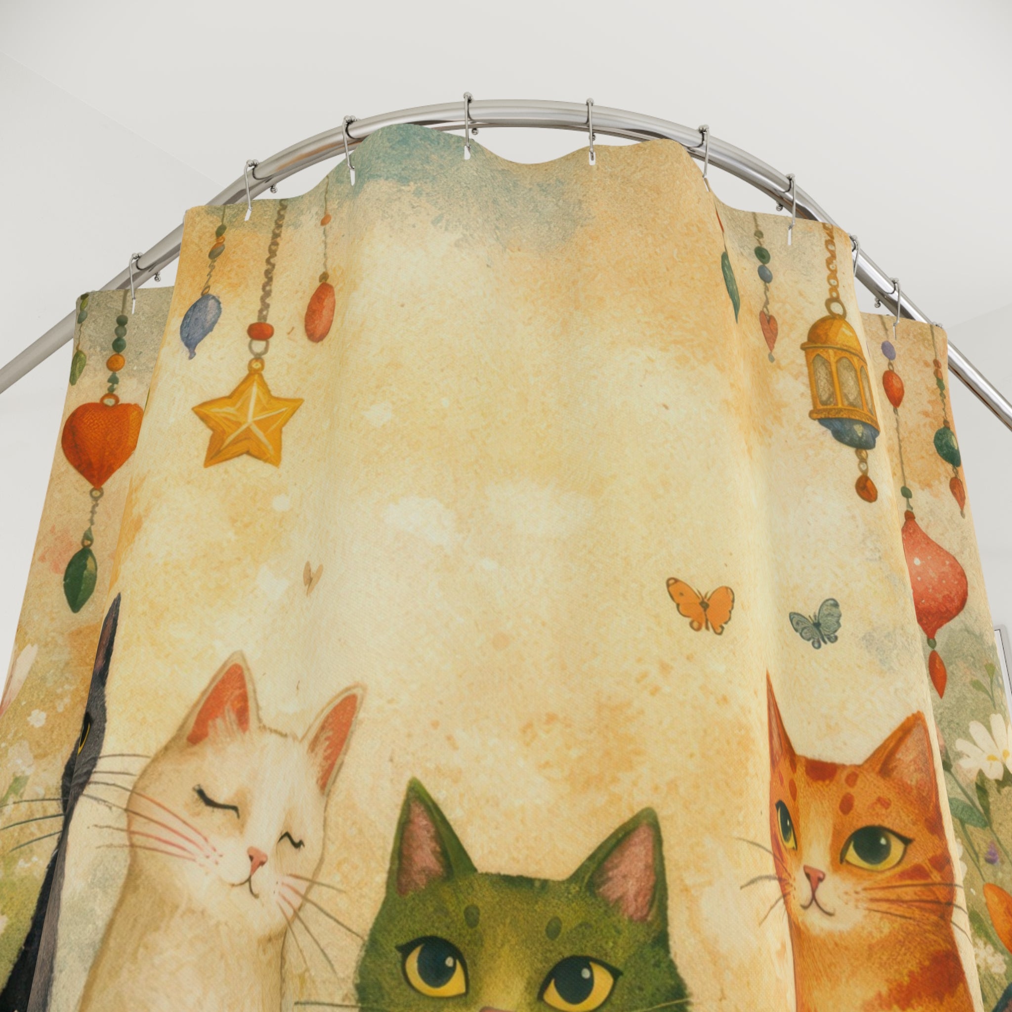 Whimsical Cat Shower Curtain – Cottagecore Floral