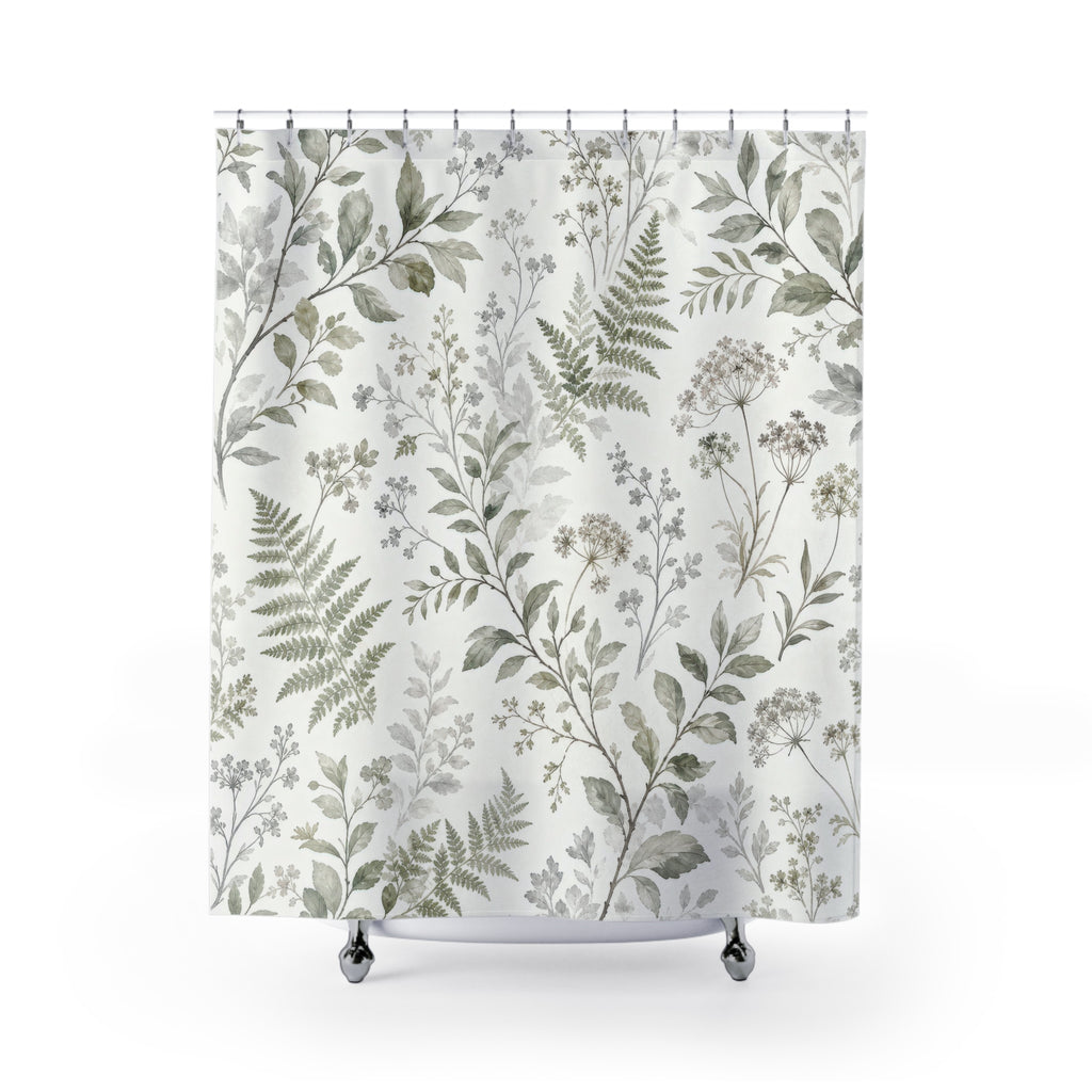 Green Grey Botanical Shower Curtain, Sage Green Nature Bathroom Decor, Botanical Floral Bath Curtain, Guest Bath Decor, Small Bathroom Decor