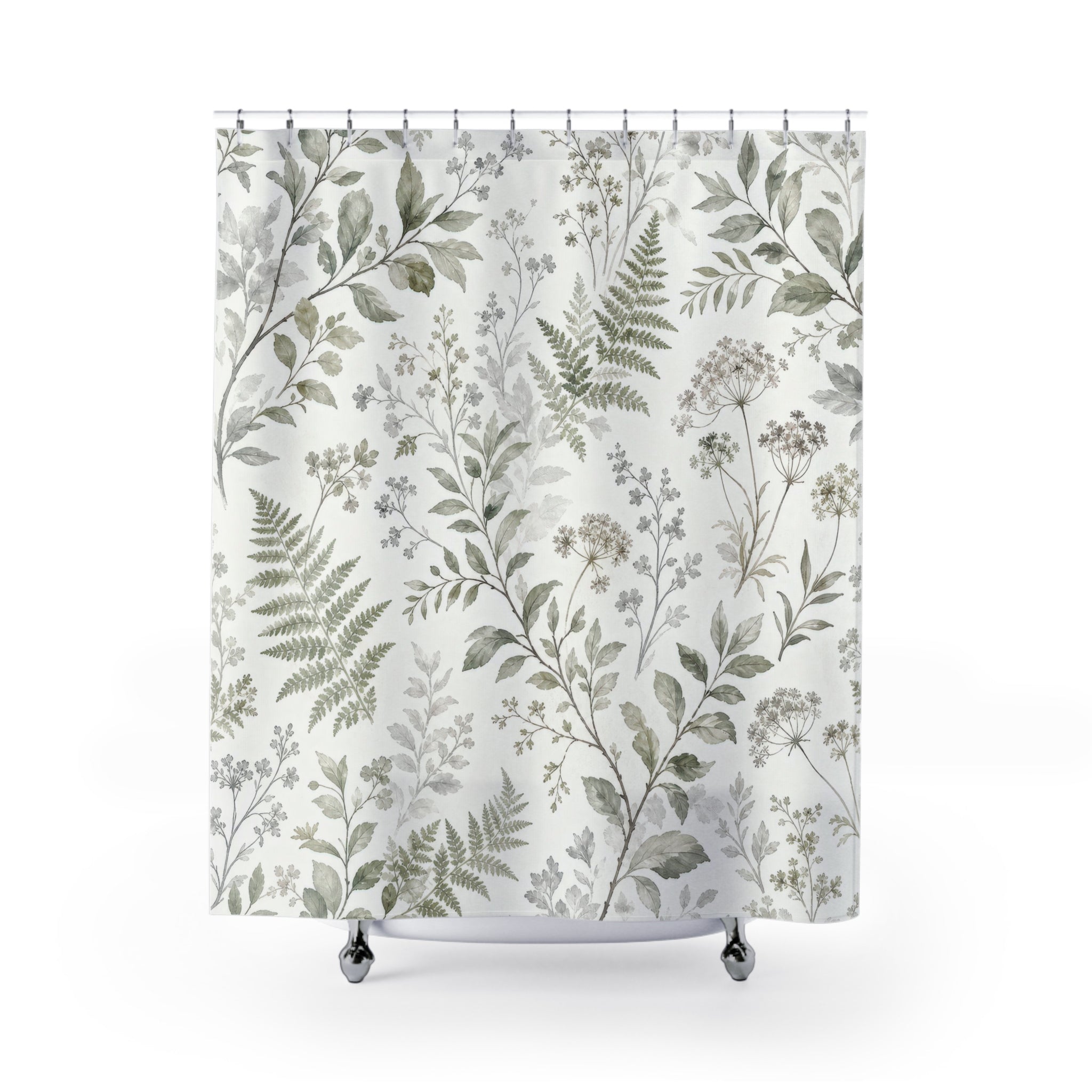 Green Grey Botanical Shower Curtain, Sage Green Nature Bathroom Decor, Botanical Floral Bath Curtain, Guest Bath Decor, Small Bathroom Decor