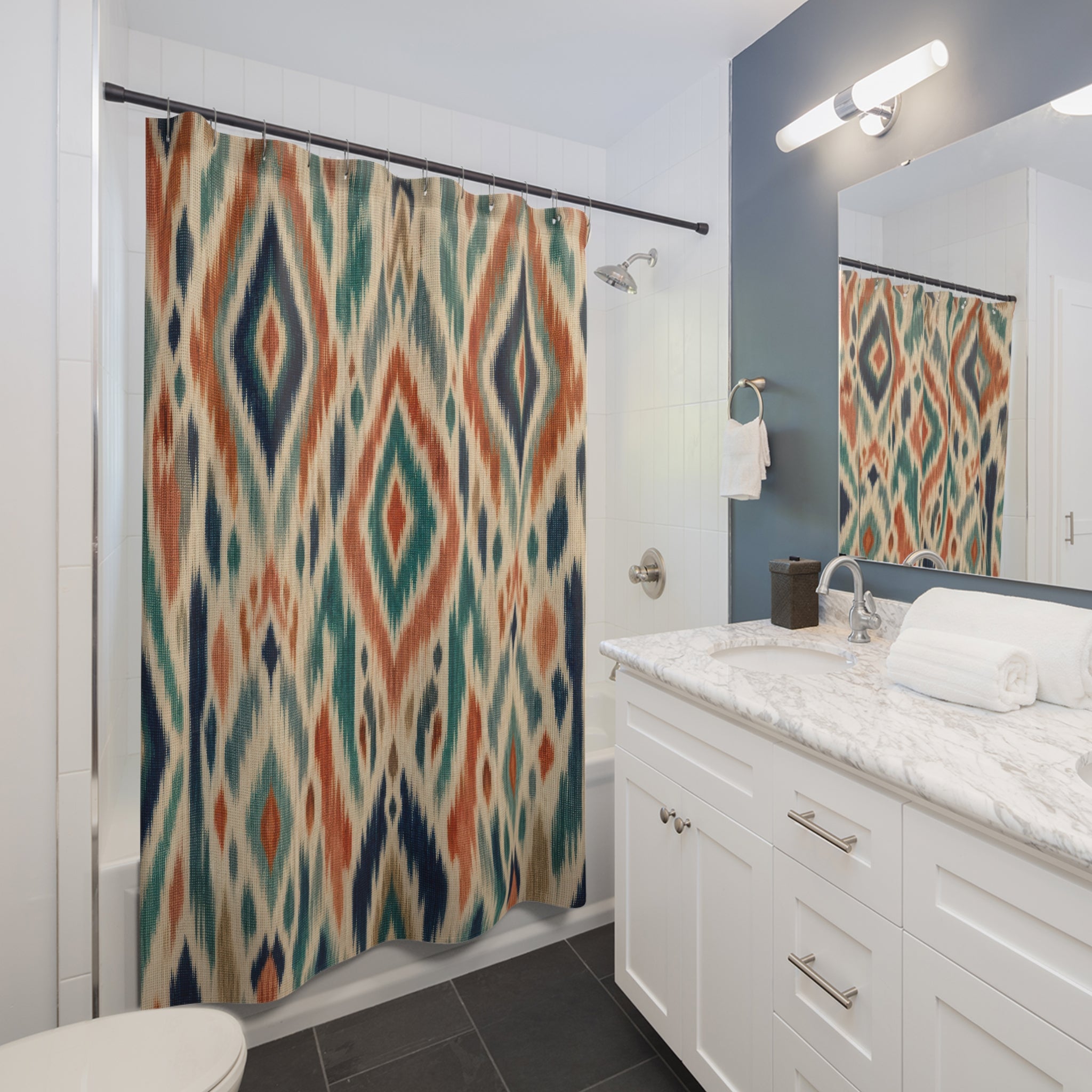 Ikat Shower Curtain, Boho Diamond Geometric Pattern, Teal Rust Bathroom Decor, Global Style Warm Boho Wall Decor Guest Bath Wall Gift