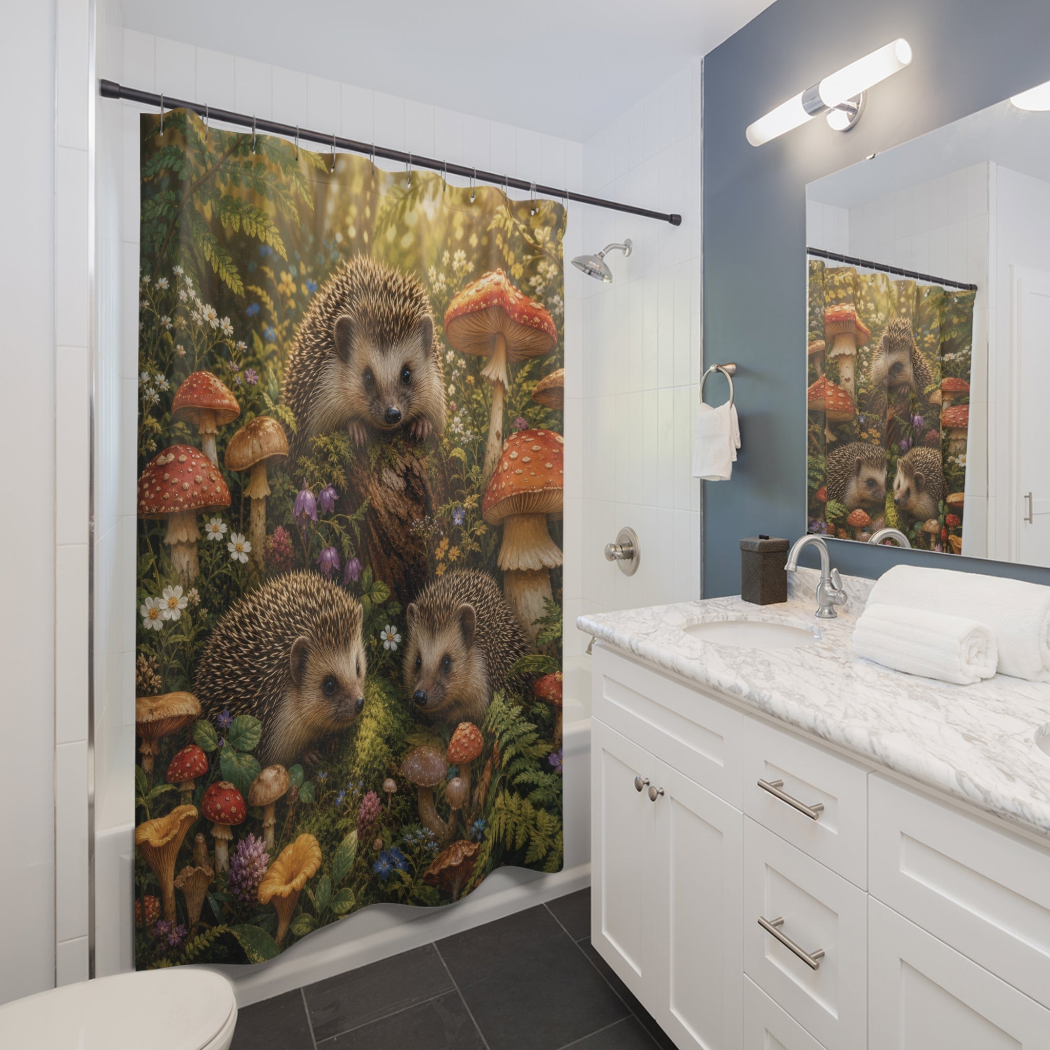Hedgehog Shower Curtain: Cute Mushroom Woodland Animal