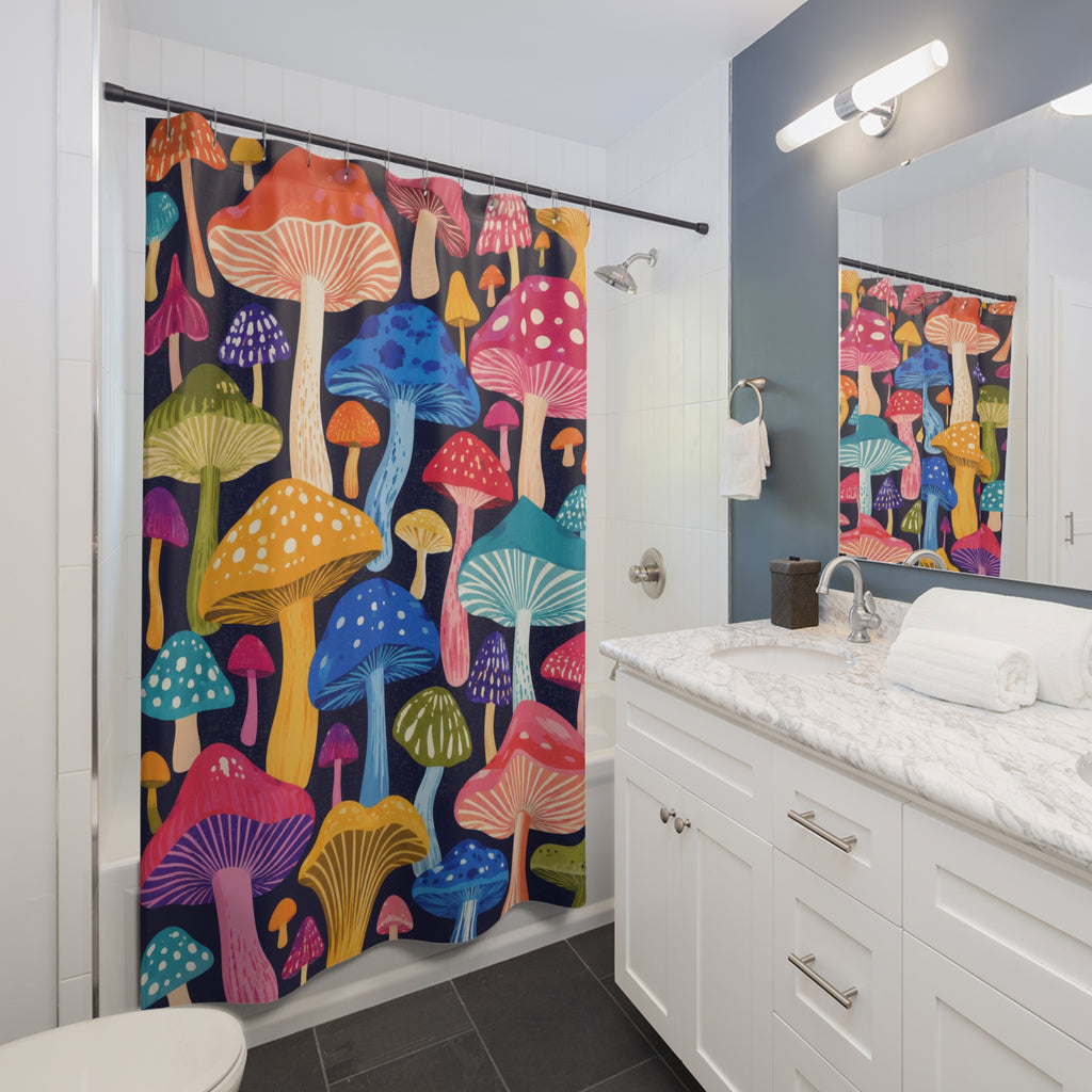 Colorful mushroom caps on deep navy shower curtain beside a white vanity