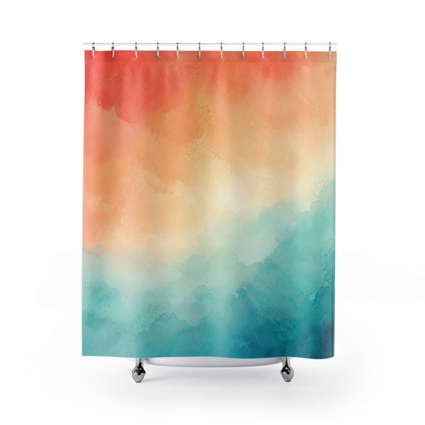 Coral Teal Watercolor Shower Curtain
