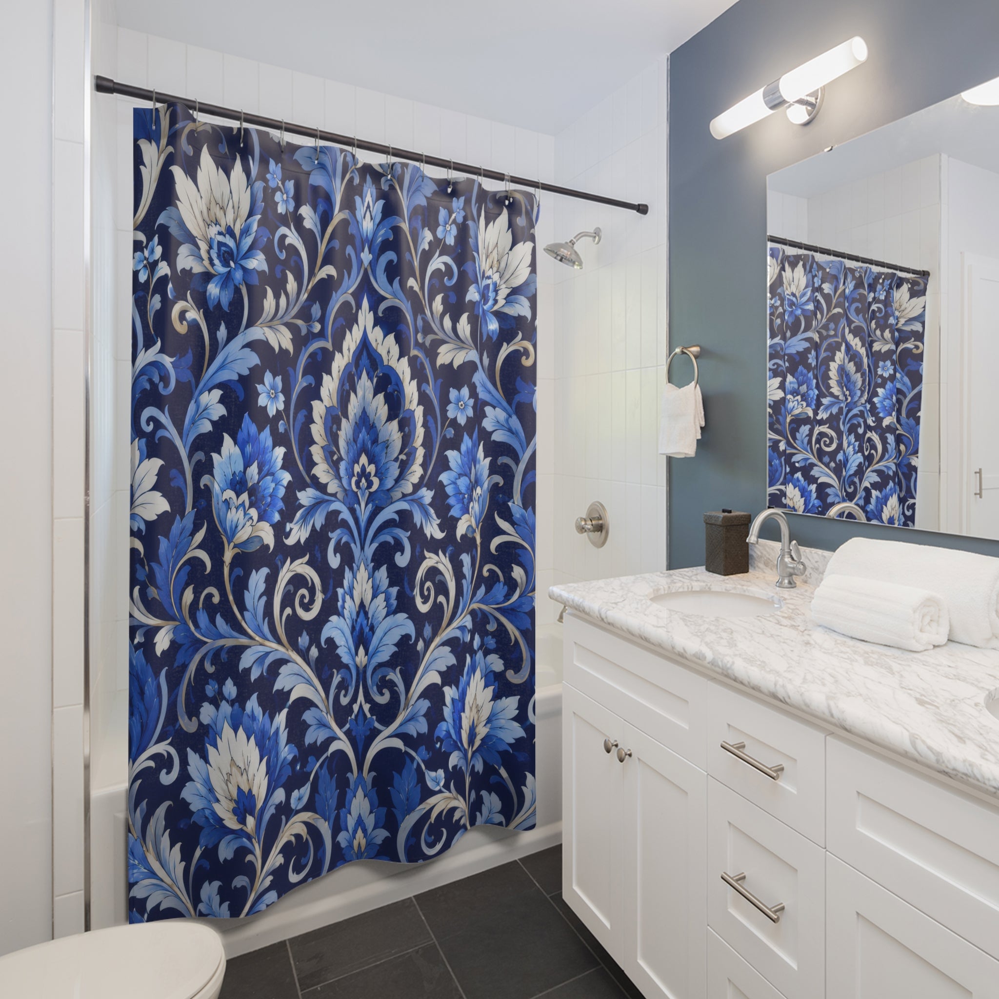 Blue Floral Shower Curtain: Royal Blue Damask