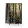 Sunlit redwood grove with ferns and wildflowers shower curtain with full front view