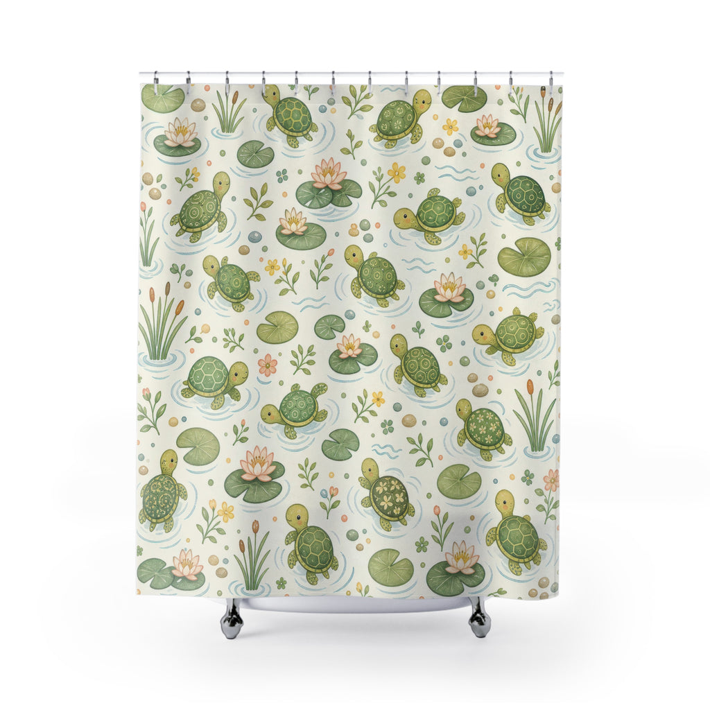 Turtle Shower Curtain, Cute Green Bath Decor, Pond Turtle Botanical Pattern, Nature Inspired Guest Bathroom Decor, Pond Garden Style