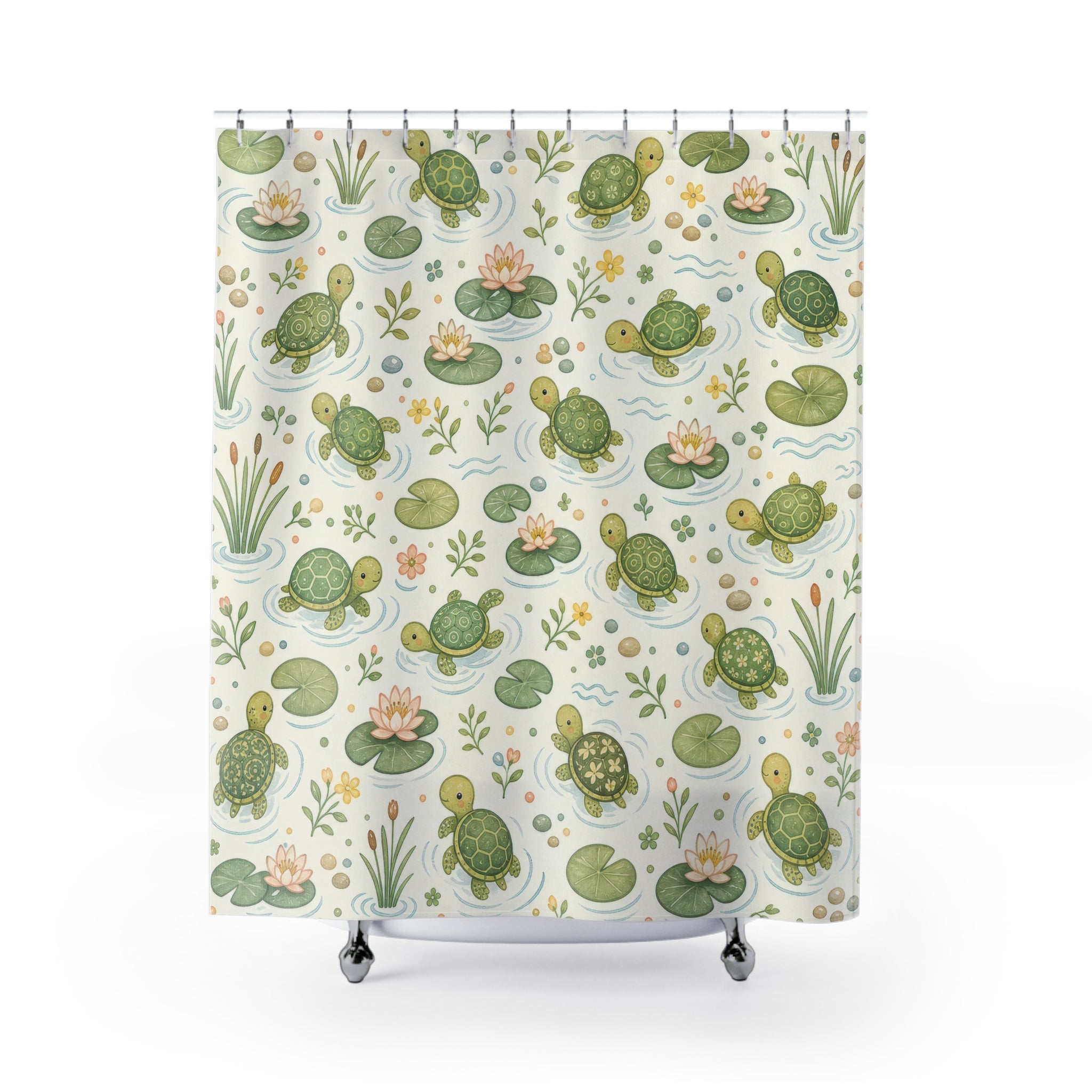 Turtle Shower Curtain, Cute Green Bath Decor, Pond Turtle Botanical Pattern, Nature Inspired Guest Bathroom Decor, Pond Garden Style