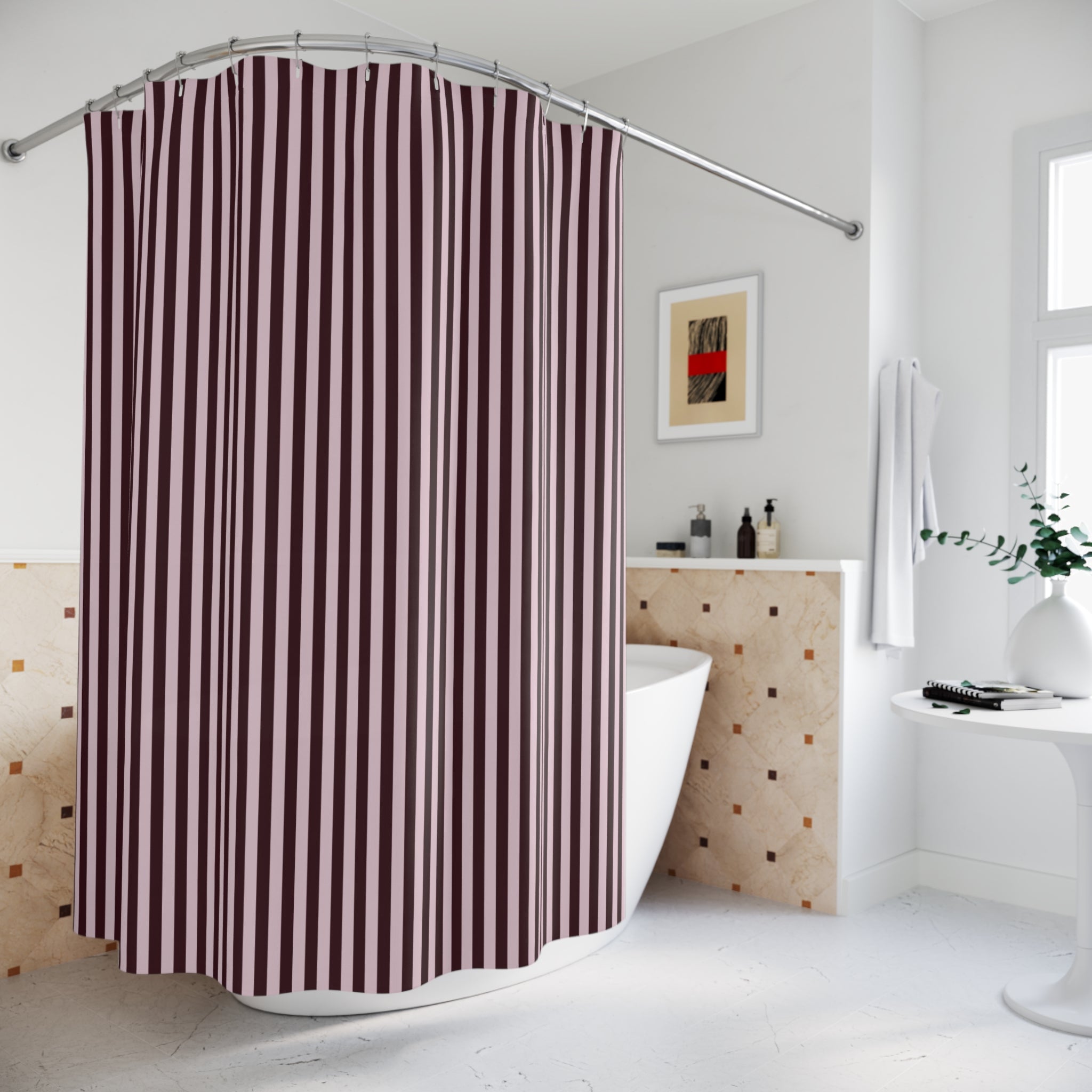Burgundy Striped Shower Curtain — Blush and Wine
