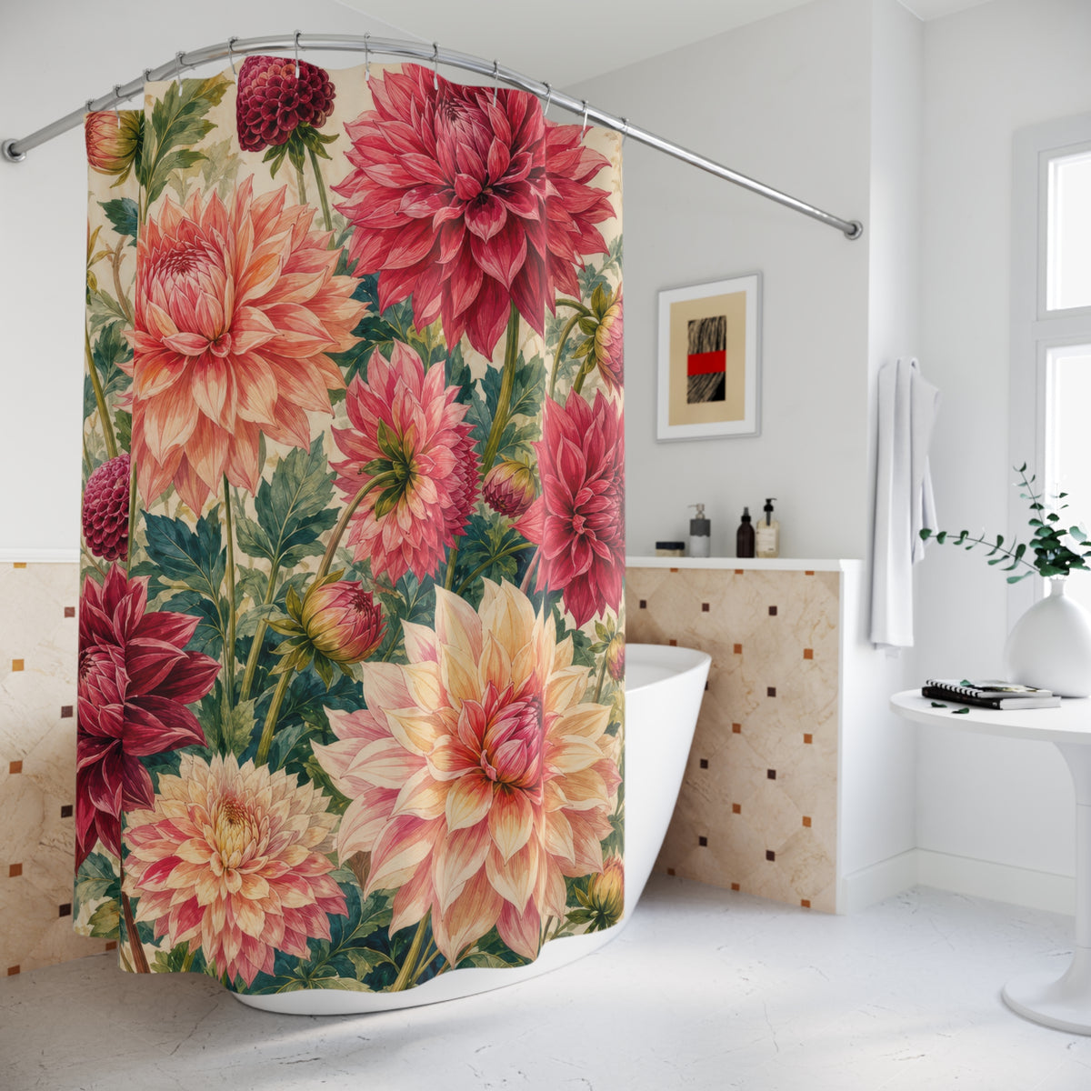 Dahlia Red Pink Floral Botanical shower curtain beside a freestanding tub