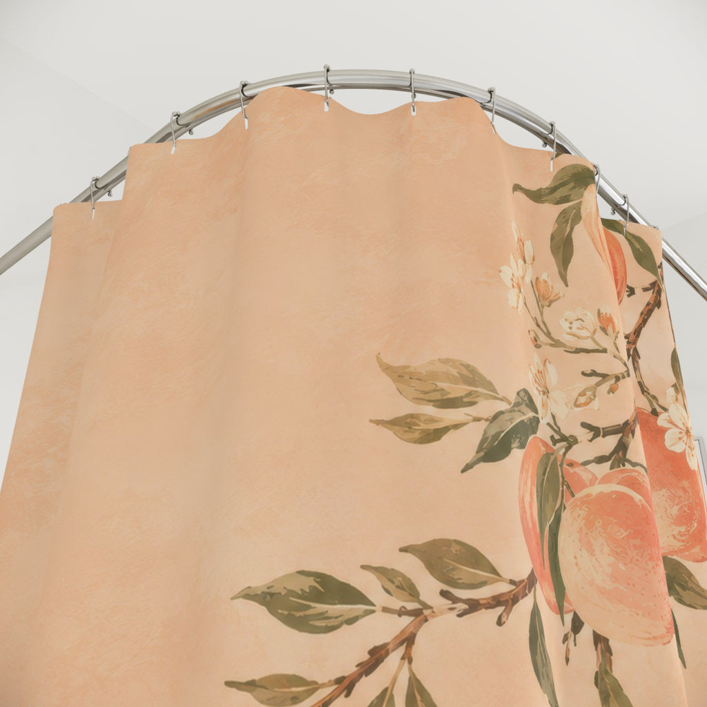 Peachy orchard fruit and cream blossoms shower curtain with close-up print, hooks, and folds
