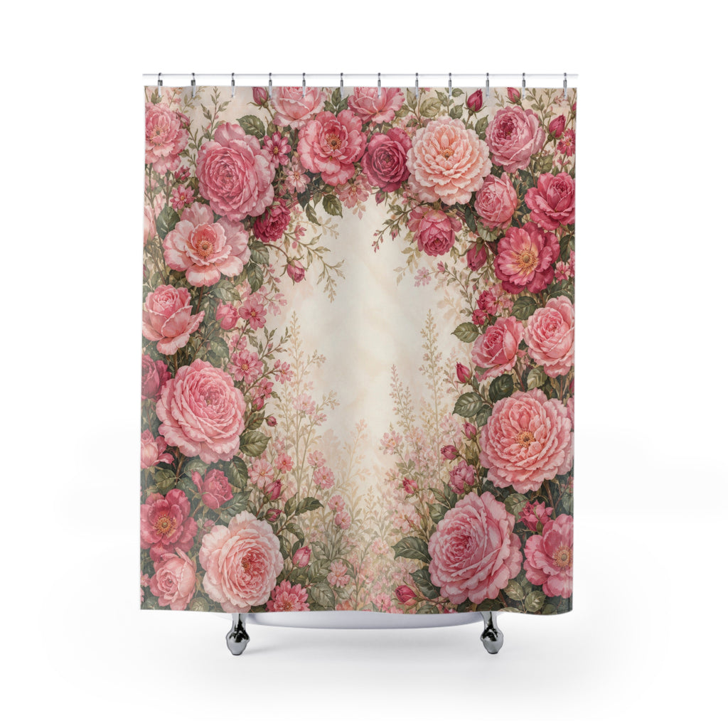 Blush rose and peony garden arch shower curtain with full front view
