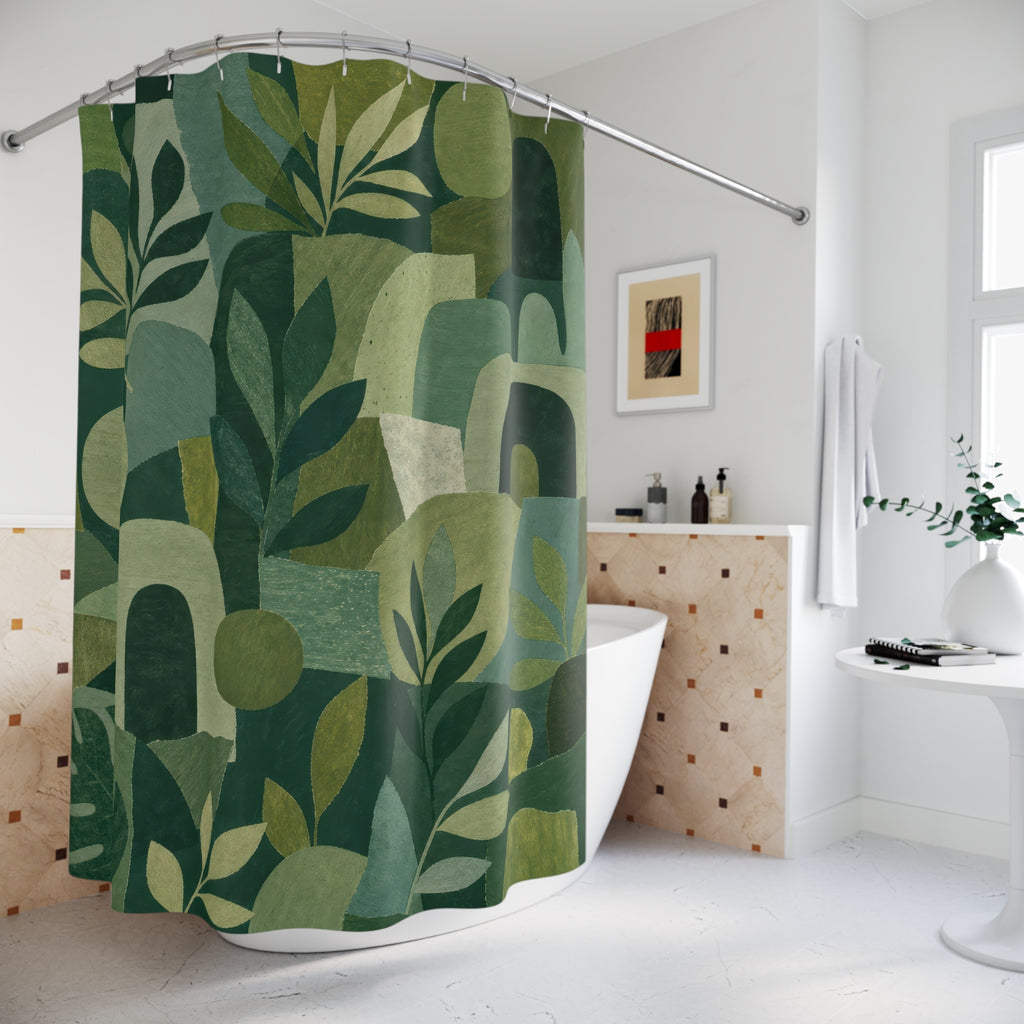 Green Boho Shower Curtain, Botanical Collage Bath Decor, Arch Leaf Pattern, Modern Abstract Guest Bathroom Decor, Earthy Style