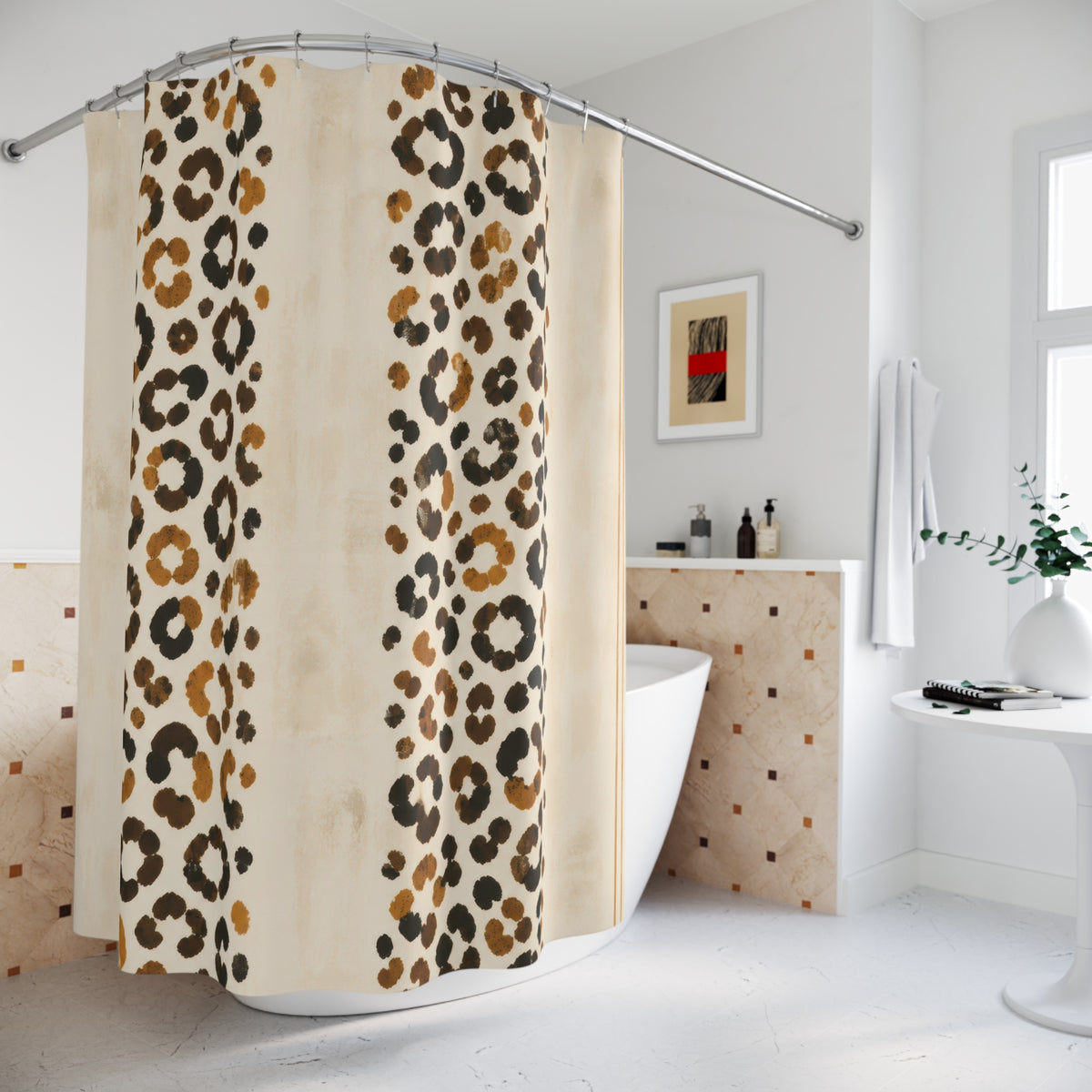 Twin bands of ochre cheetah print on cream shower curtain beside a freestanding tub