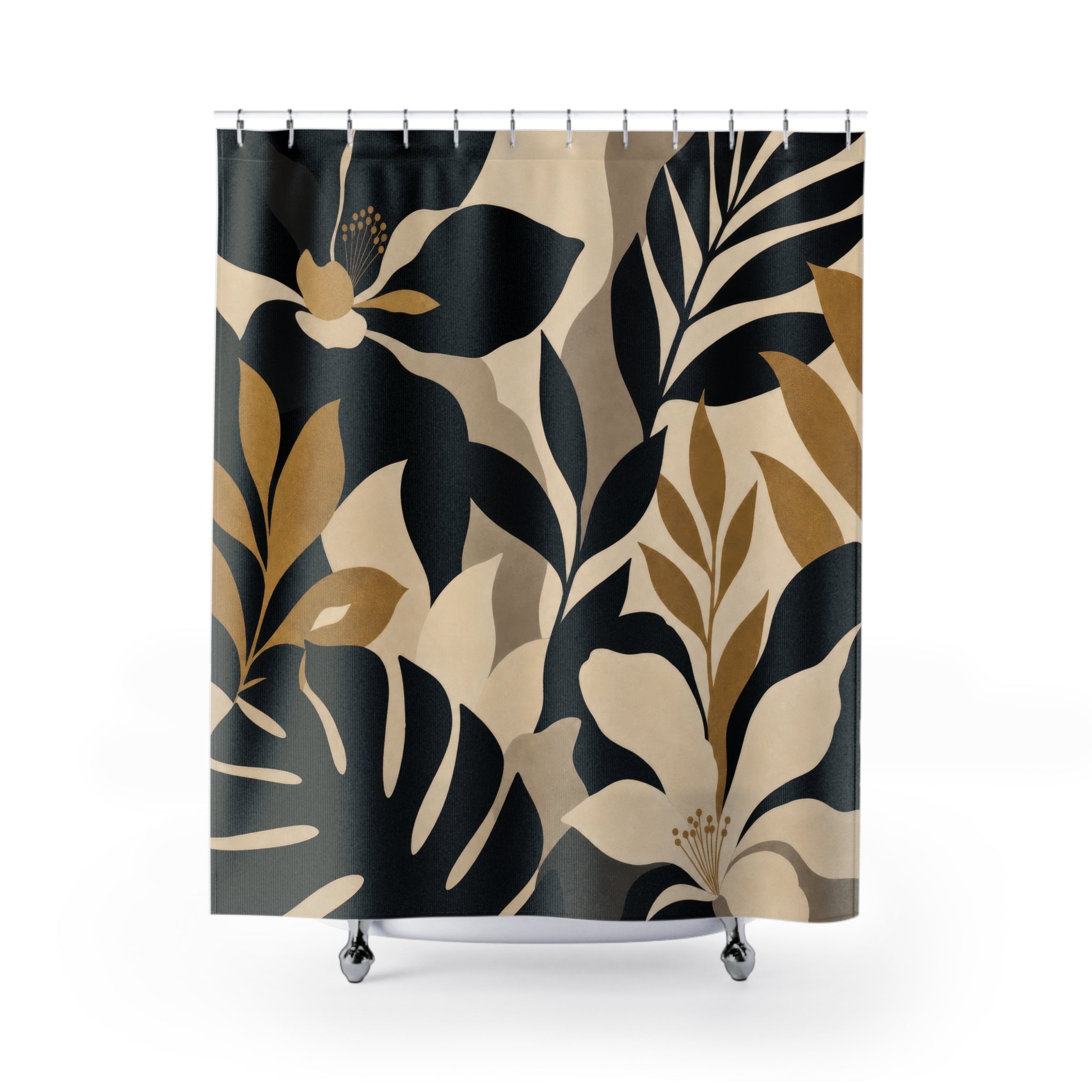 Gold Tropical Leaf Black Floral Shower Curtain