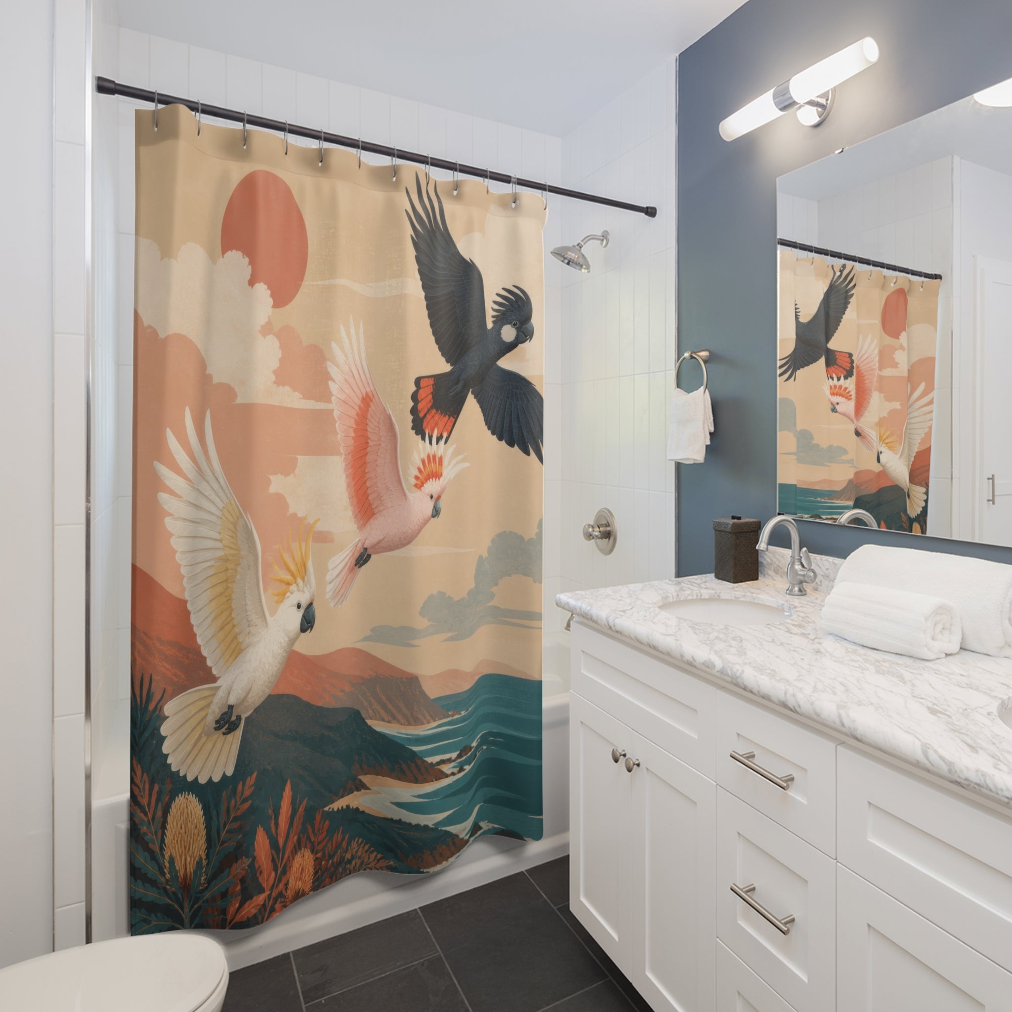 Three colorful cockatoos flying above coastal headlands at sunset shower curtain installed beside a white vanity