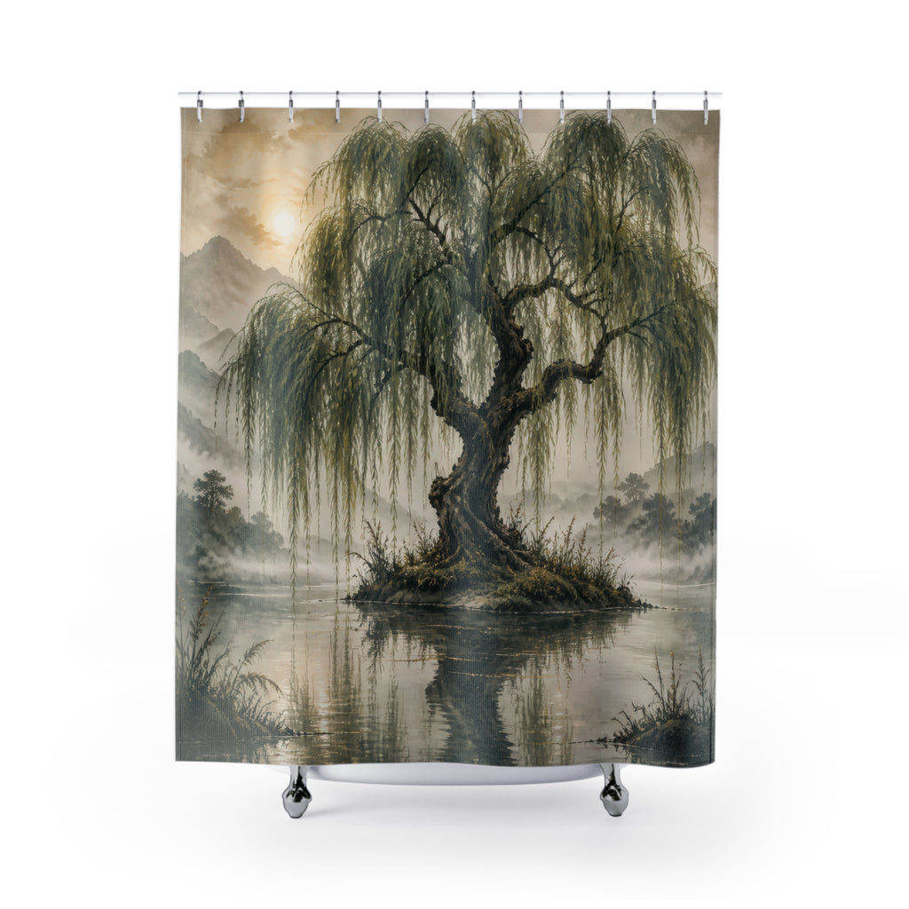 Sage willow tree reflected in a misty mountain lake shower curtain with full front view