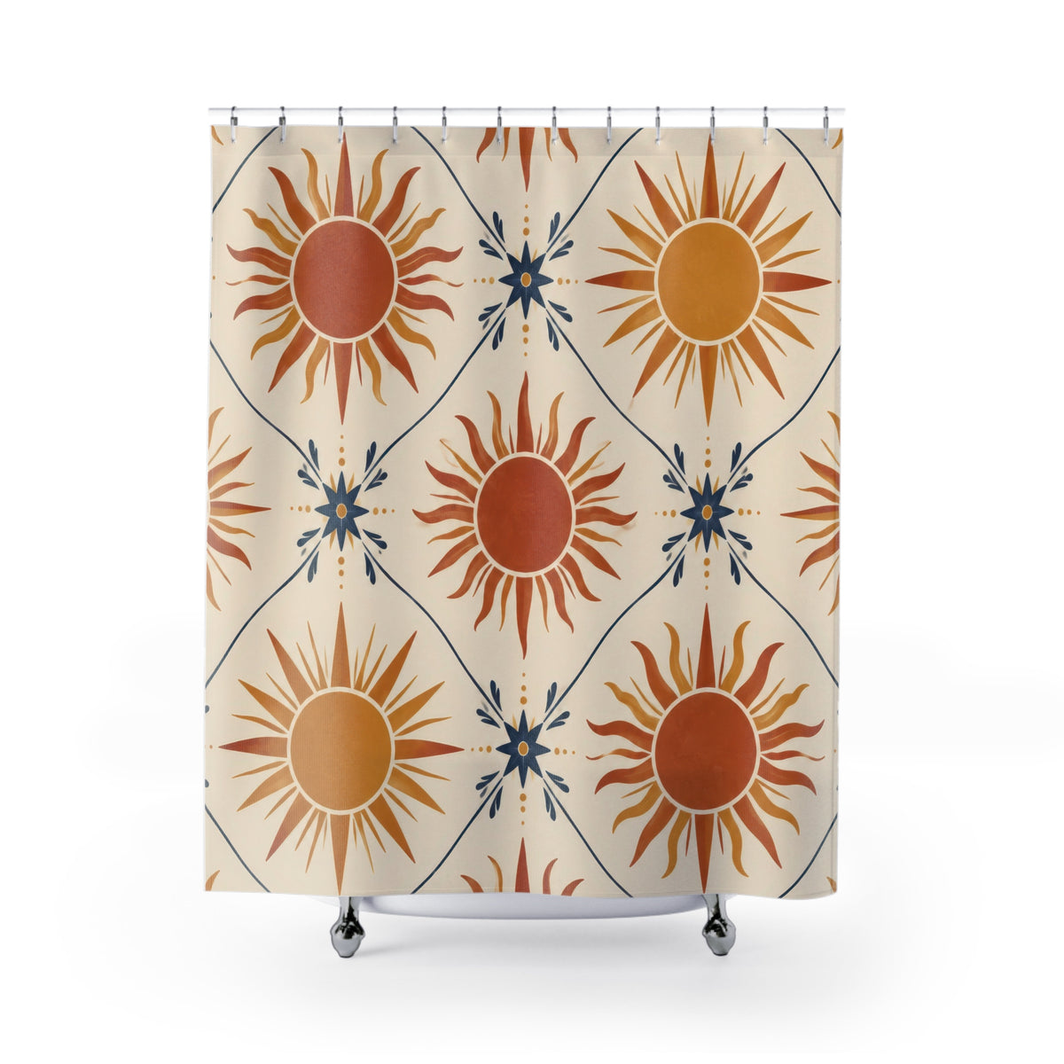 Terracotta and ochre suns with indigo stars on cream shower curtain with full front view
