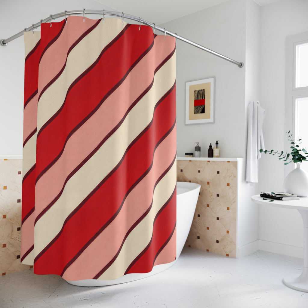Diagonal Cherry Stripe Shower Curtain, Cherry Red Modern Bathroom Decor, Modern Stripe Bath Curtain, Guest Bath Decor, Small Bathroom Decor