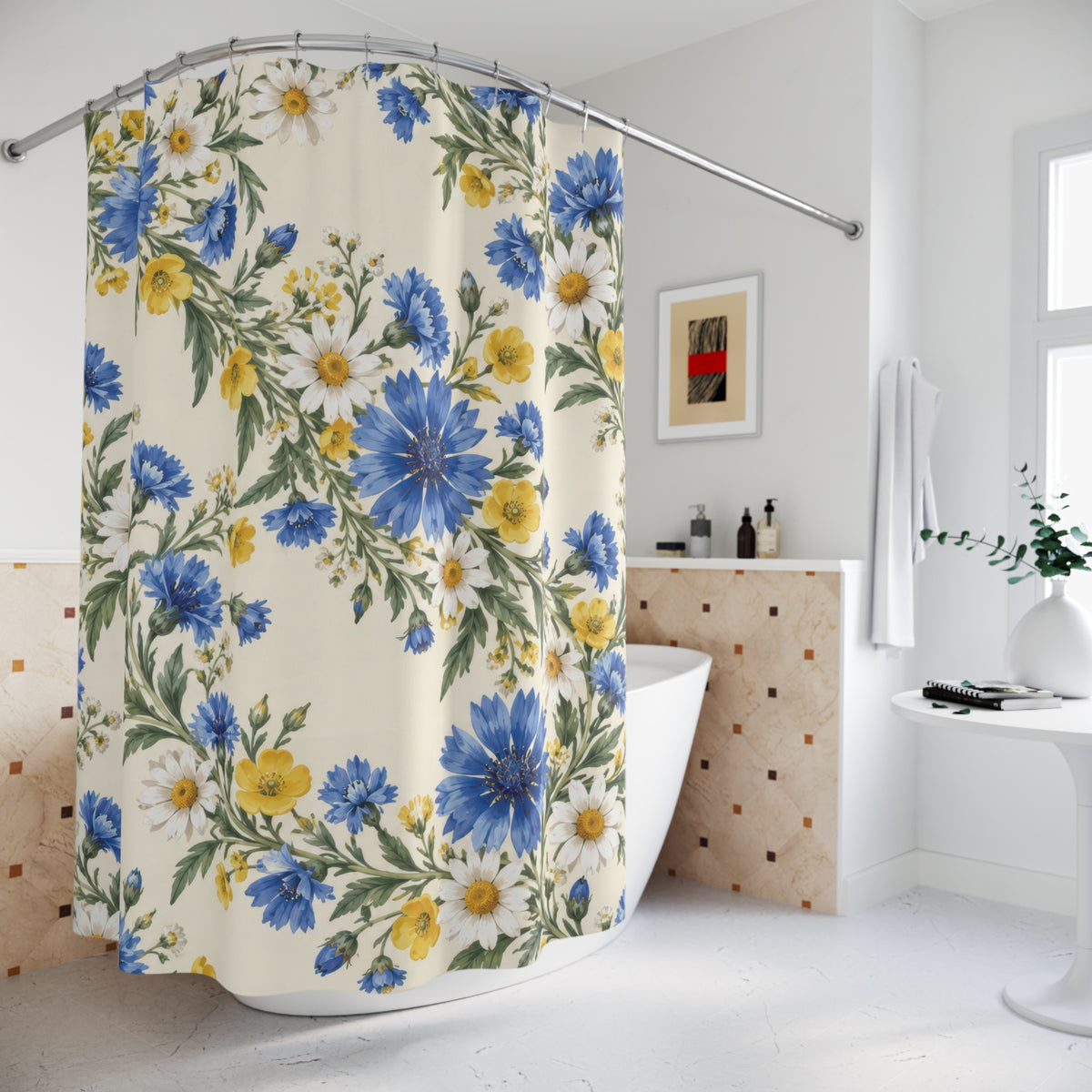Blue cornflowers, white daisies and yellow buttercup garlands shower curtain beside a freestanding tub