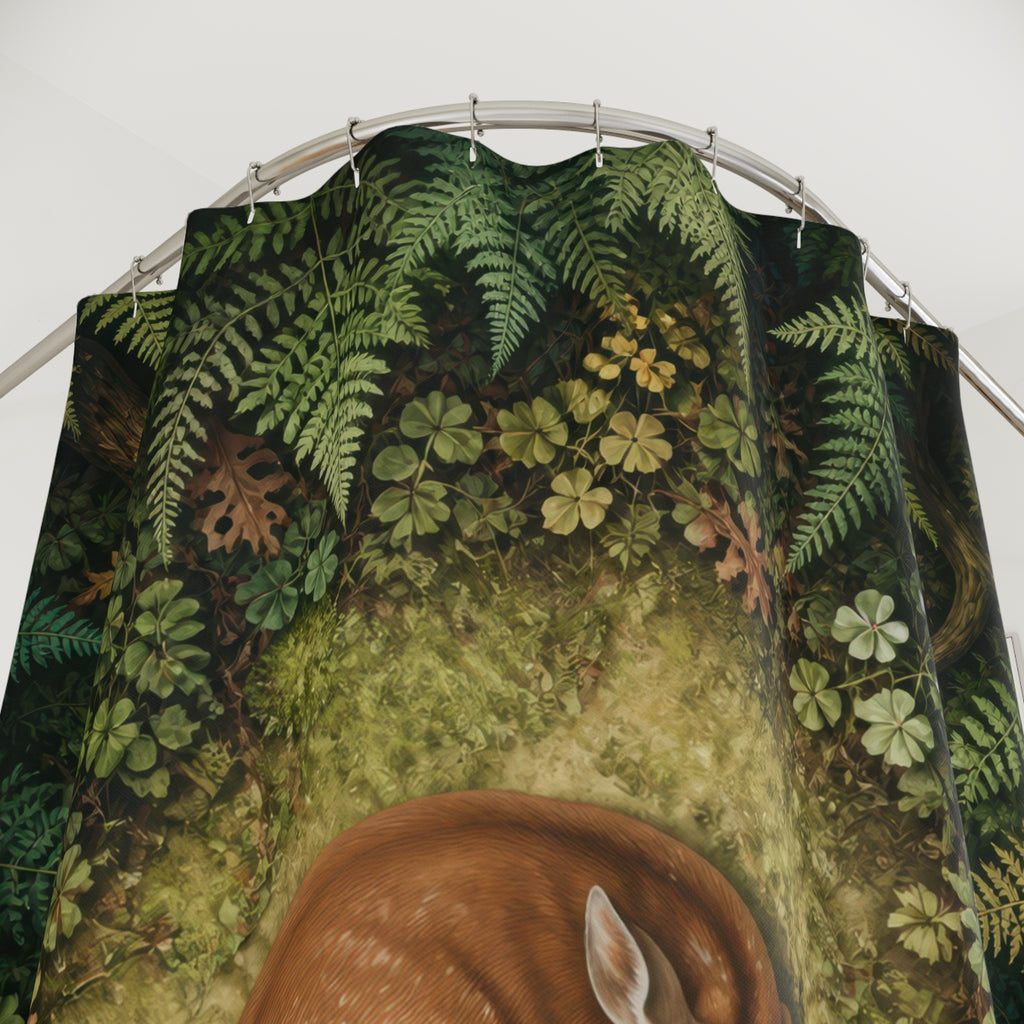 Resting fawn in a circular woodland fern clearing shower curtain with close-up print, hooks, and folds