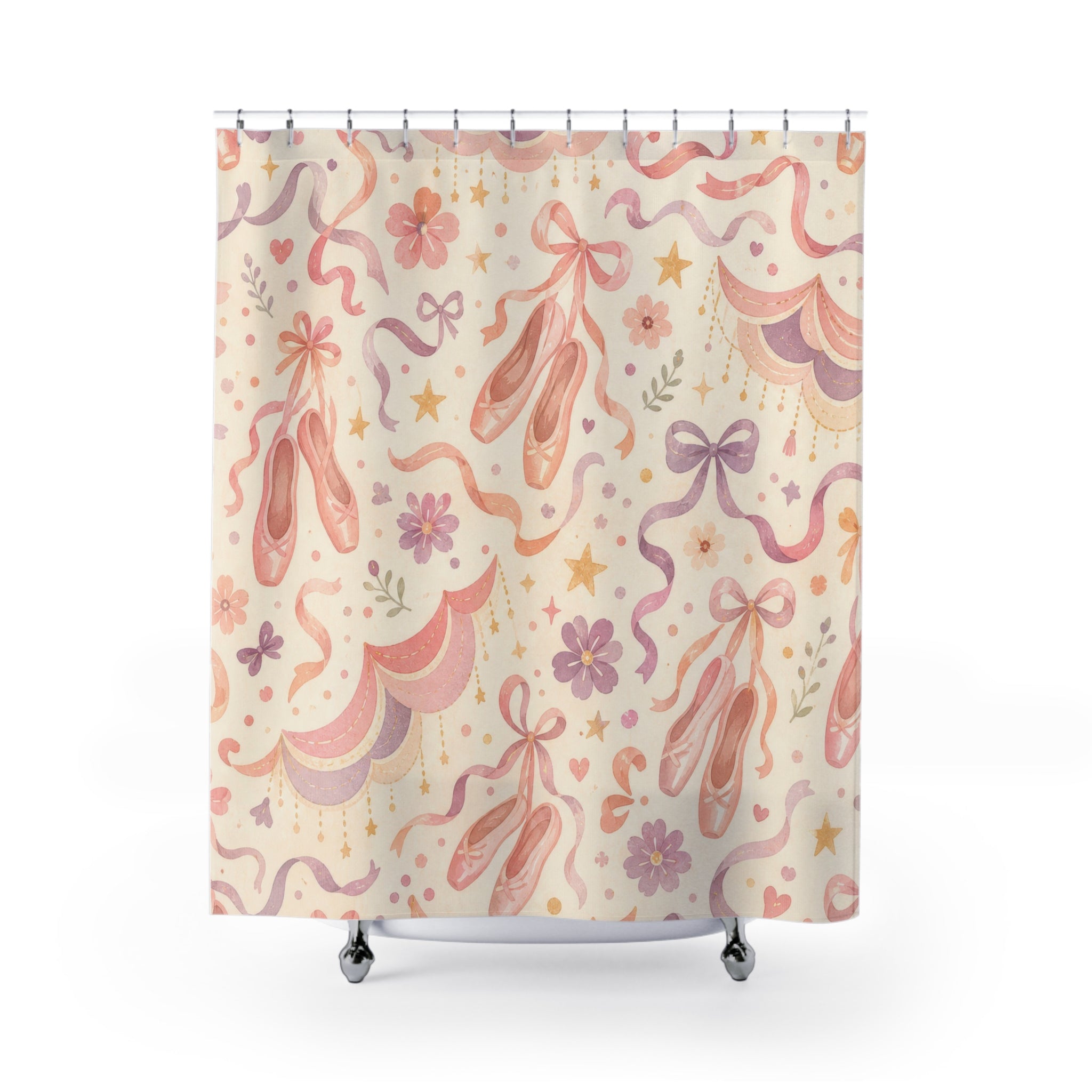 Kids Ballet Shower Curtain, Pink Pointe Shoe Bow Pattern, Dance Bathroom Decor, Soft Nursery Girls Wall Decor Guest Bath Wall Gift