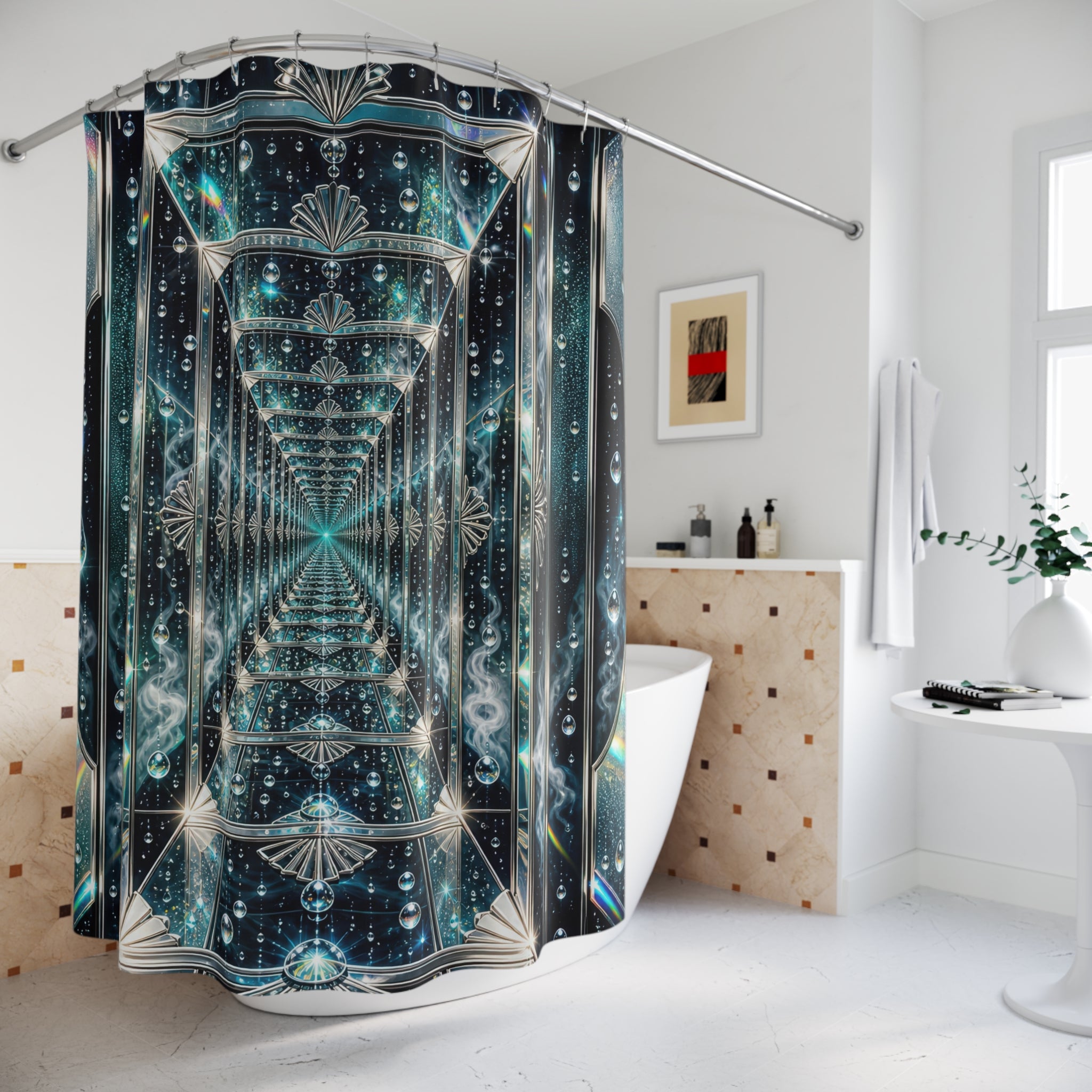 Unique Blue Shower Curtain, Crystal Corridor Geometric Art, Sparkling Teal Bathroom Decor, Modern Wall Decor Guest Bath Gift For Home