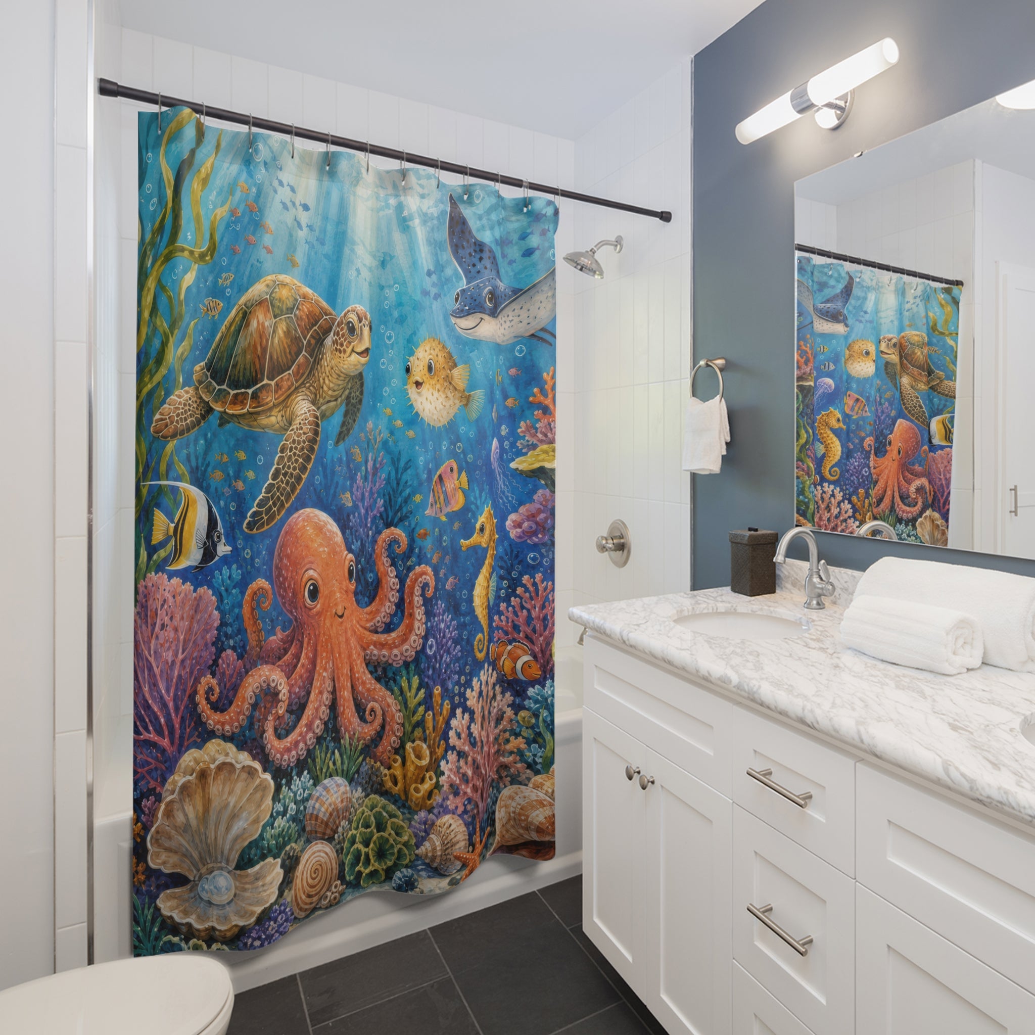 Colorful Coral Reef Friends Kids Shower Curtain