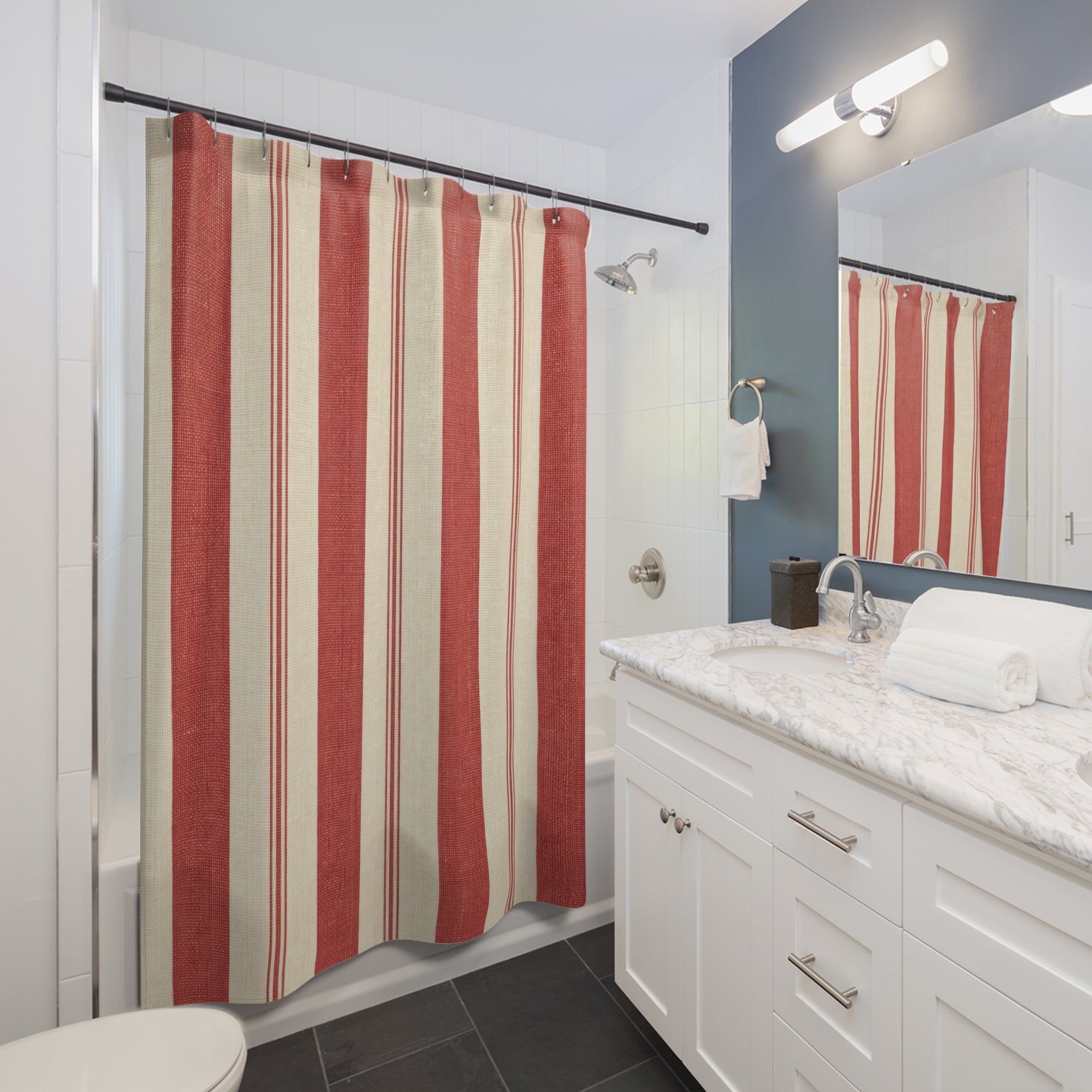 Red and White Deckchair Stripe Shower Curtain: Venetian Resort