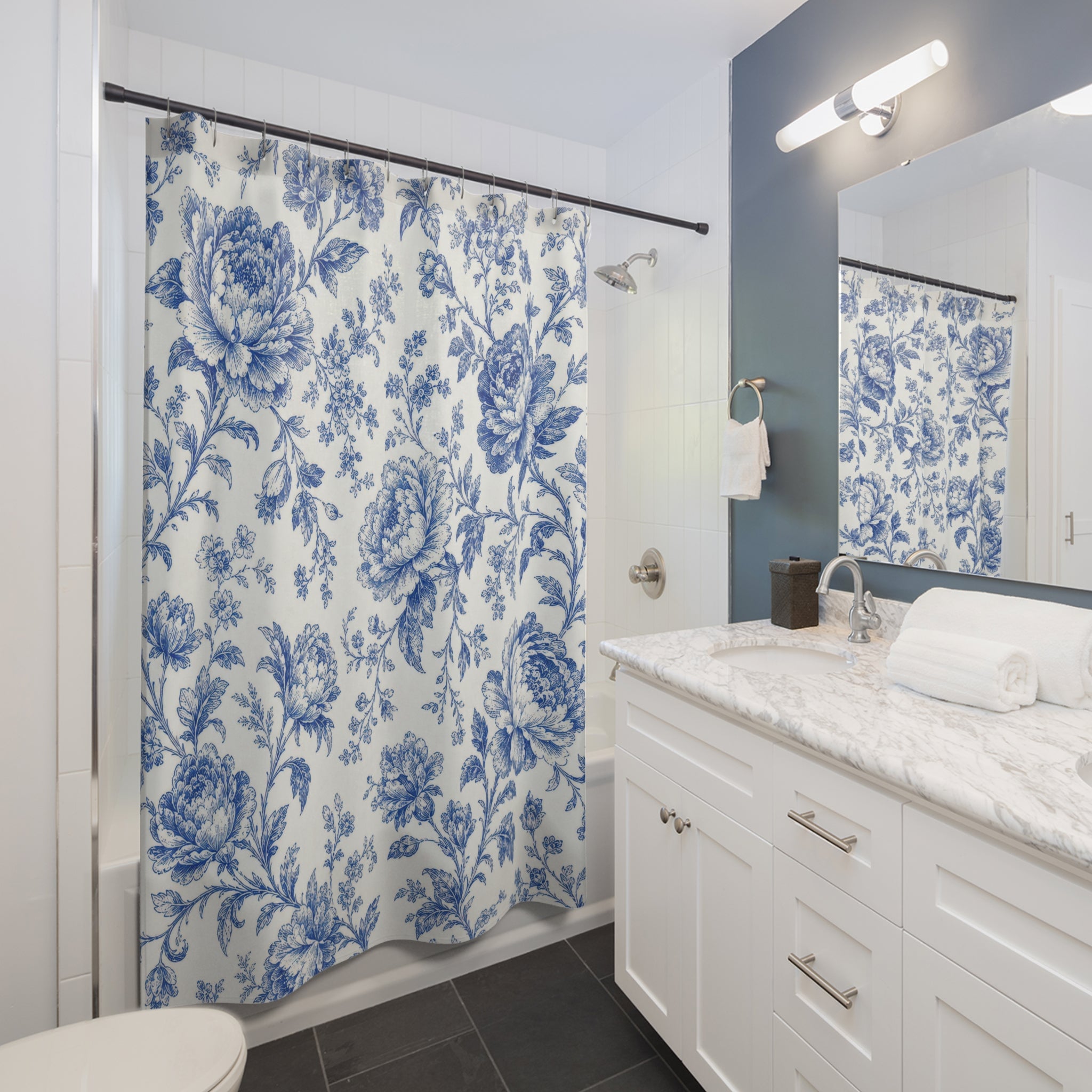 Blue White Vintage Floral Shower Curtain