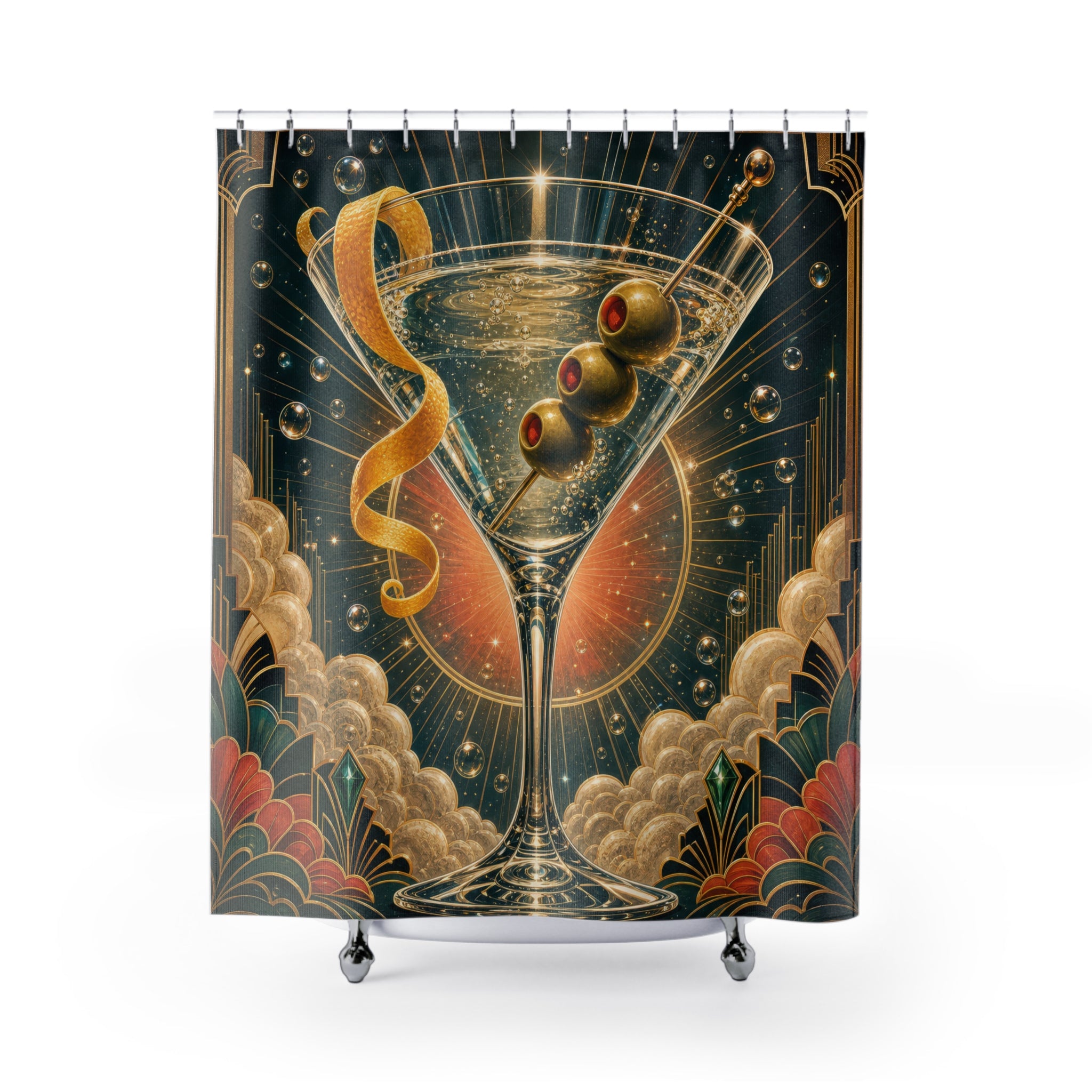 Unique Martini Shower Curtain, Art Deco Cocktail Glass Art, Gold Teal Bar Bathroom Decor, Glam Powder Room Guest Bath Gift For Home