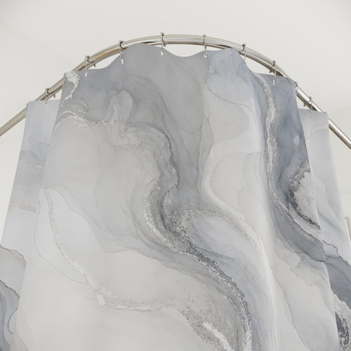 Abstract Watercolor Gray Modern Black Charcoal shower curtain with close-up print, hooks, and folds