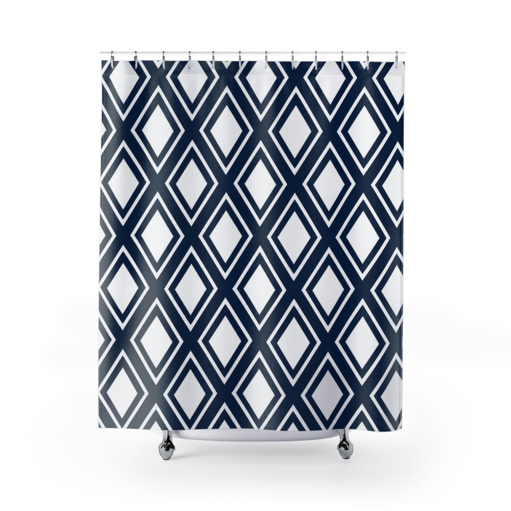 White diamonds in navy lattice with thin white outlines shower curtain with full front view