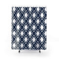 White diamonds in navy lattice with thin white outlines shower curtain with full front view