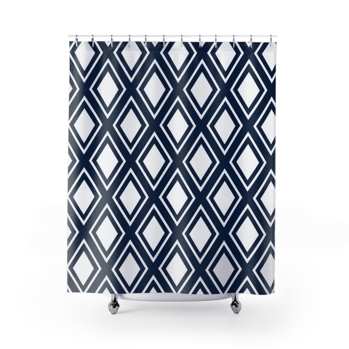 White diamonds in navy lattice with thin white outlines shower curtain with full front view