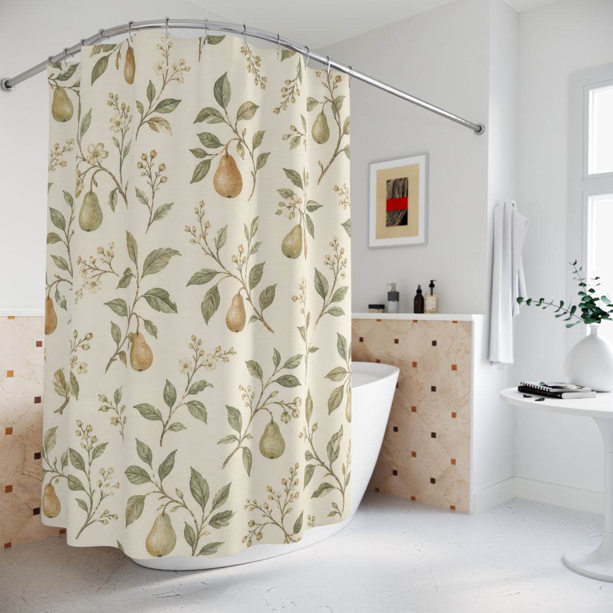 Pear Orchard Botanical fruit pattern shower curtain beside a freestanding tub