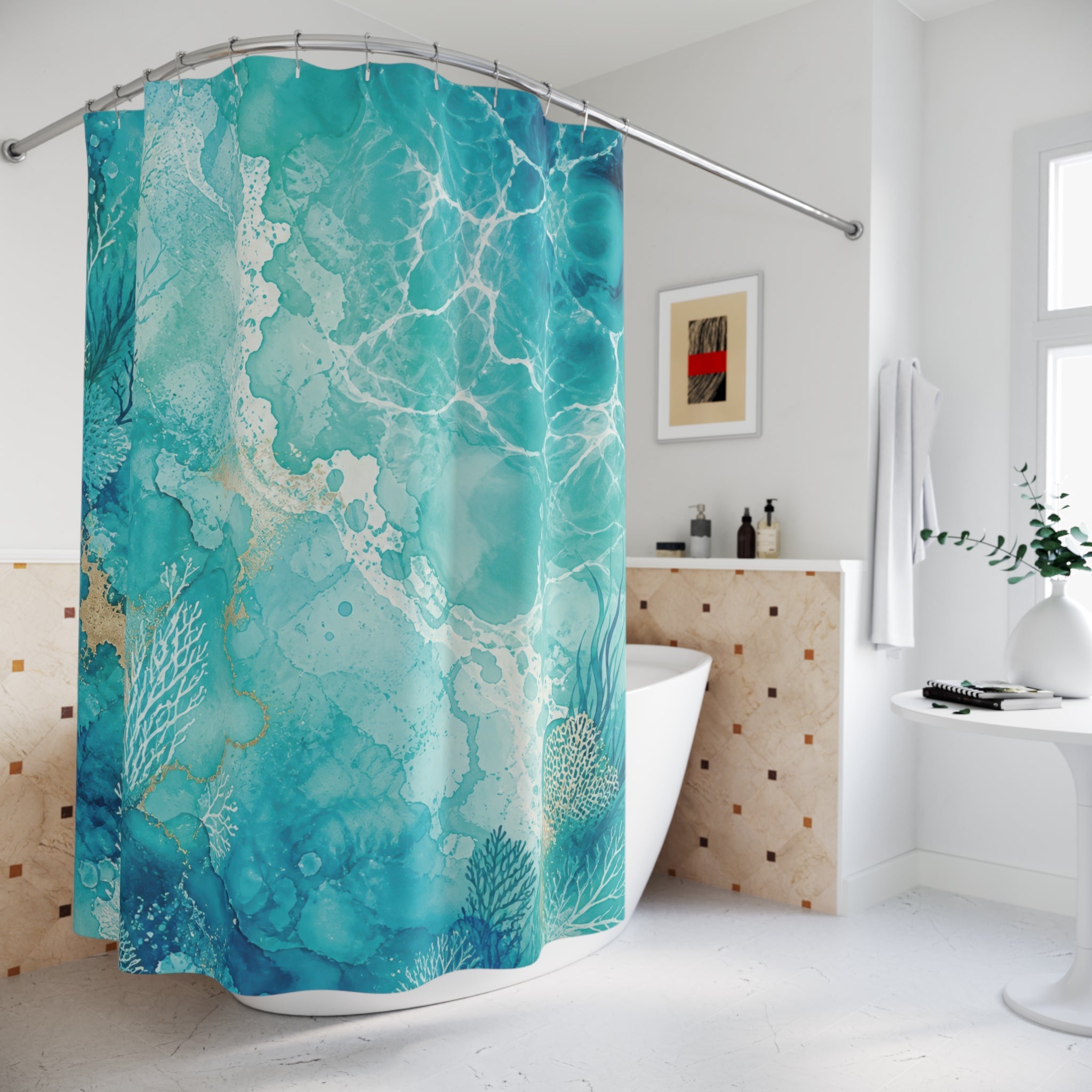 Turquoise Shower Curtain: Aqua Ocean Abstract Pattern