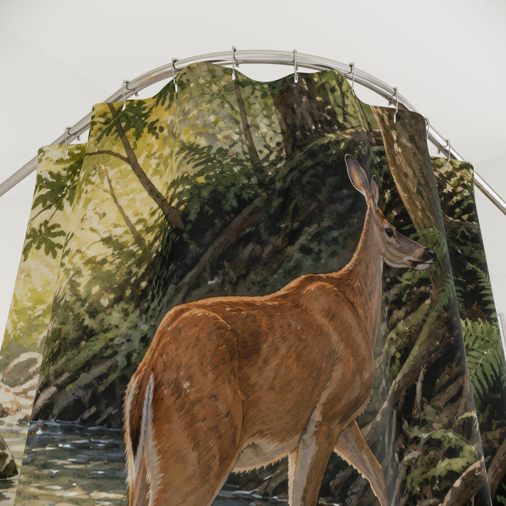 Doe and fawn crossing a sunlit woodland creek shower curtain with close-up print, hooks, and folds