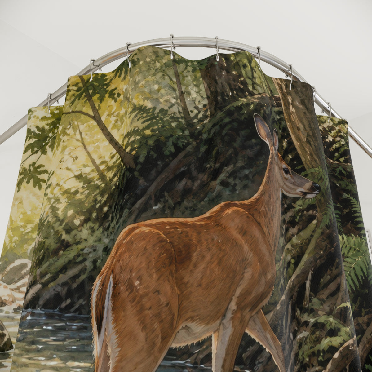 Doe and fawn crossing a sunlit woodland creek shower curtain with close-up print, hooks, and folds