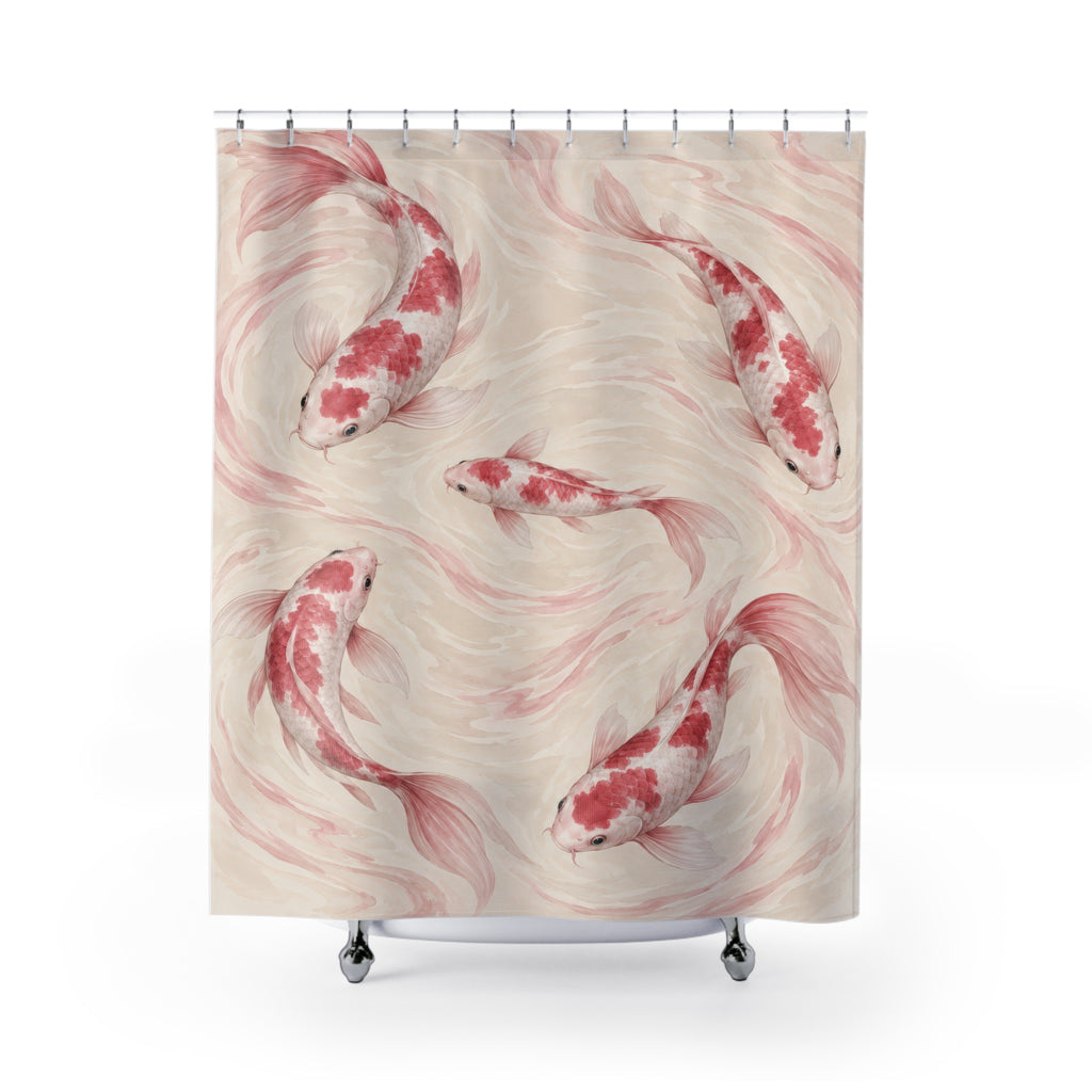 Pink and white koi gliding through pale cream water shower curtain with full front view