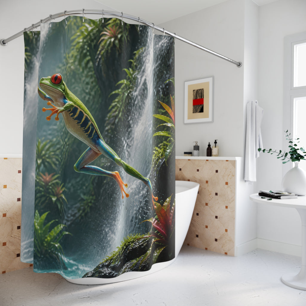 Green tree frog leaping across a jungle waterfall shower curtain beside a freestanding tub